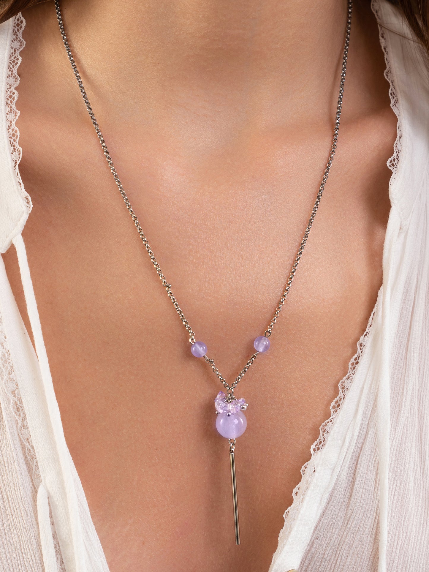 Collana Lunga a Lariat di Quarzo Rosa Viola