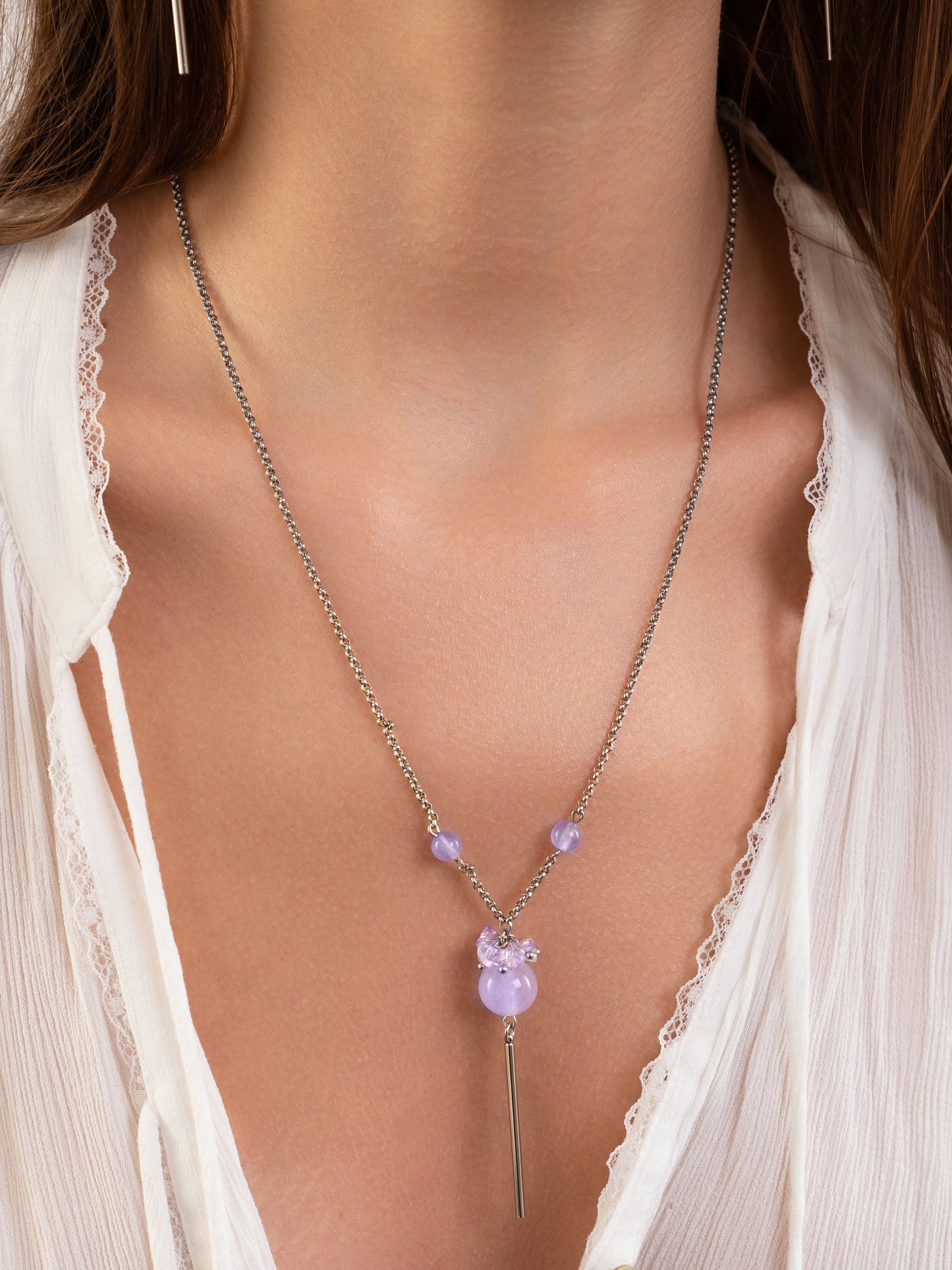 Collana Lunga a Lariat di Quarzo Rosa Viola