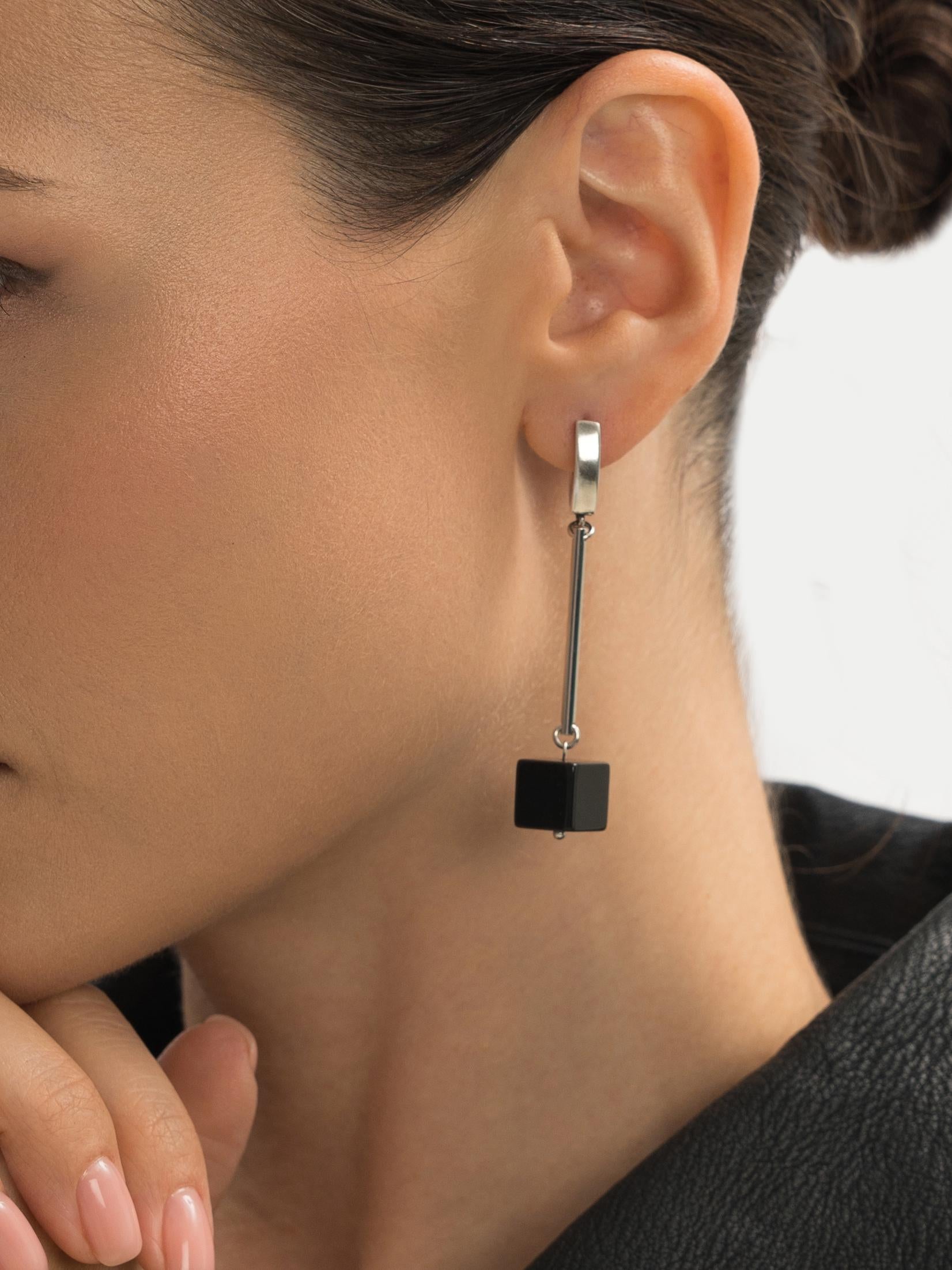 Silver Dangle Earrings with Black Onyx – Geometric Crystal Earrings, Minimalist Art Deco Jewelry, Handmade Birthstone Gift for Her