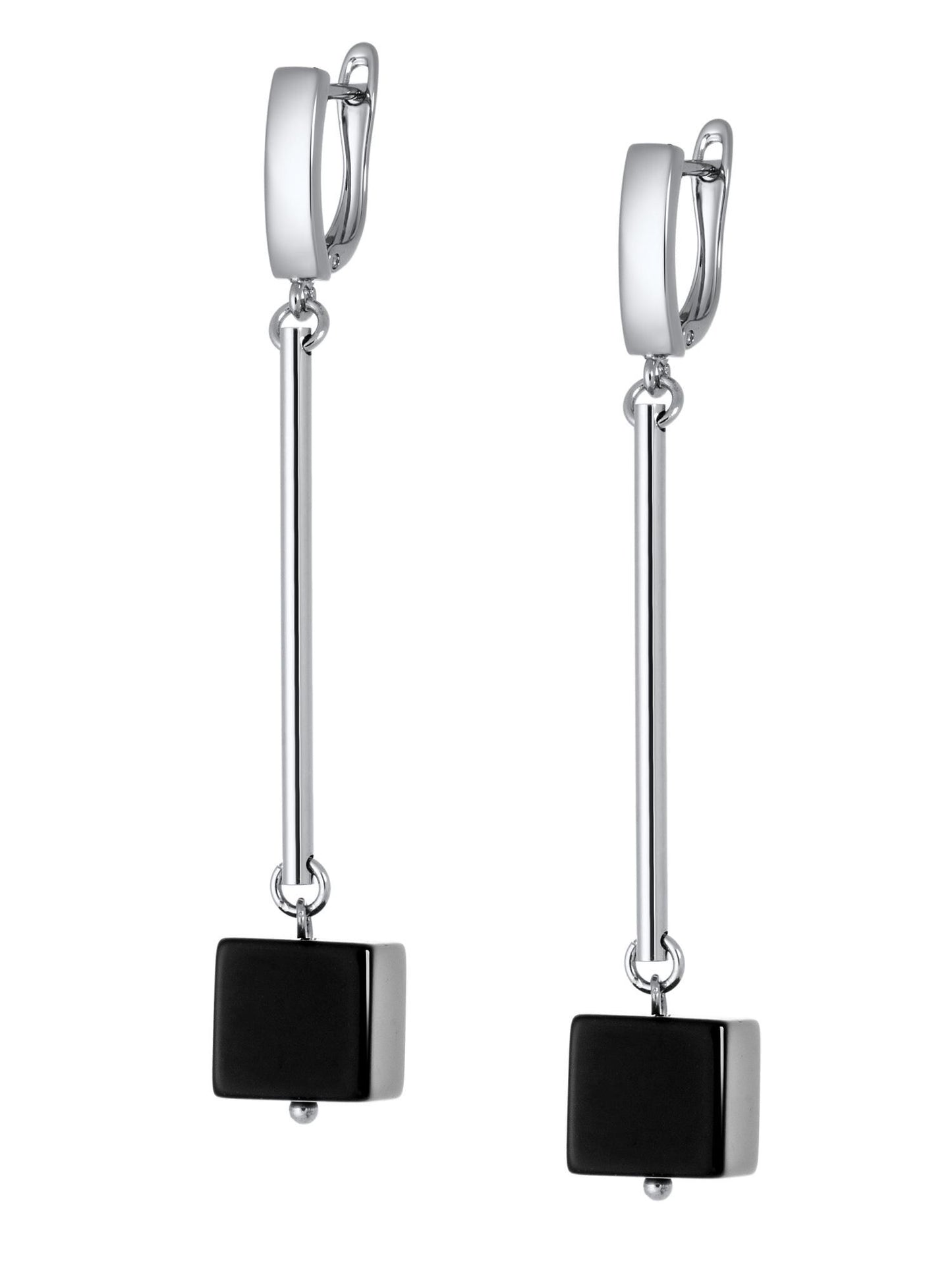 Silver Dangle Earrings with Black Onyx – Geometric Crystal Earrings, Minimalist Art Deco Jewelry, Handmade Birthstone Gift for Her