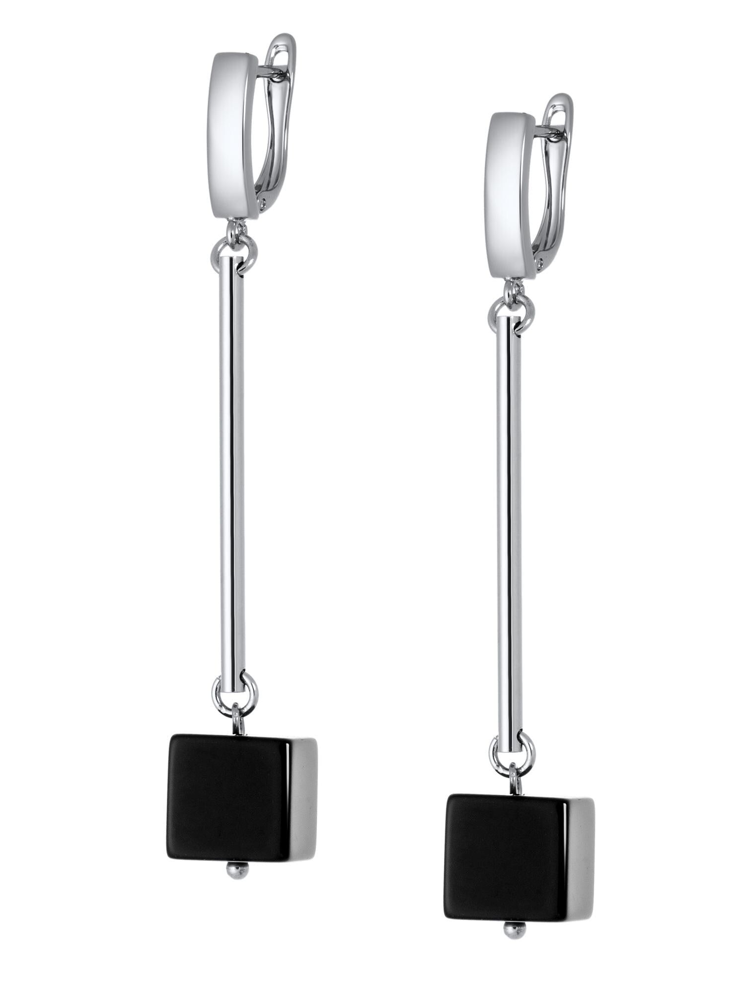 Silver Dangle Earrings with Black Onyx – Geometric Crystal Earrings, Minimalist Art Deco Jewelry, Handmade Birthstone Gift for Her