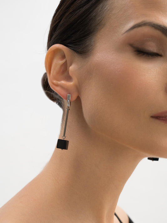 Silver Dangle Earrings with Black Onyx – Geometric Crystal Earrings, Minimalist Art Deco Jewelry, Handmade Birthstone Gift for Her