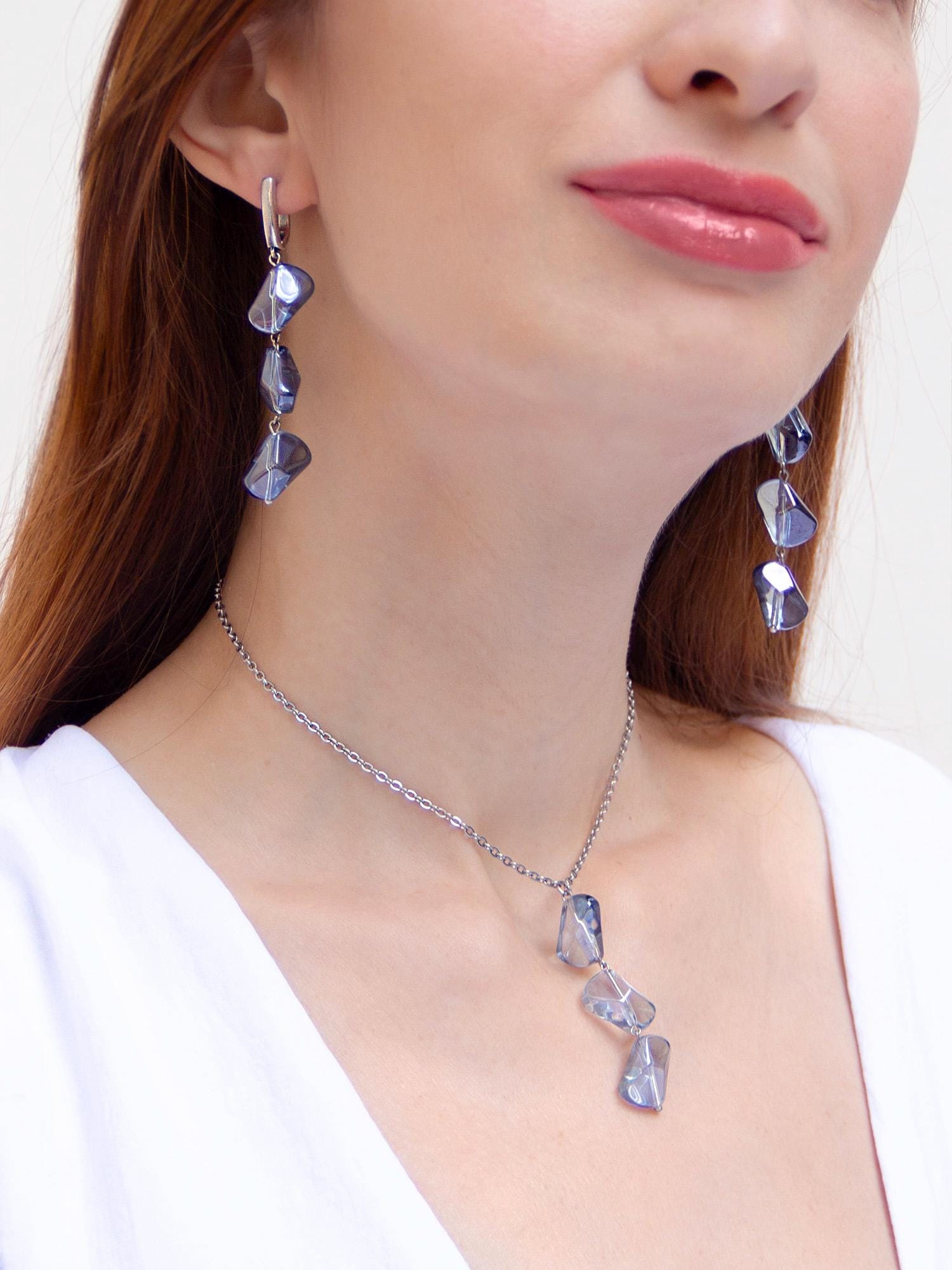 Silver Lariat Necklace Blue Bead Crystal Charm, Boho Long Statement Jewelry, Bridal Wedding Summer Necklace, Gift for Her