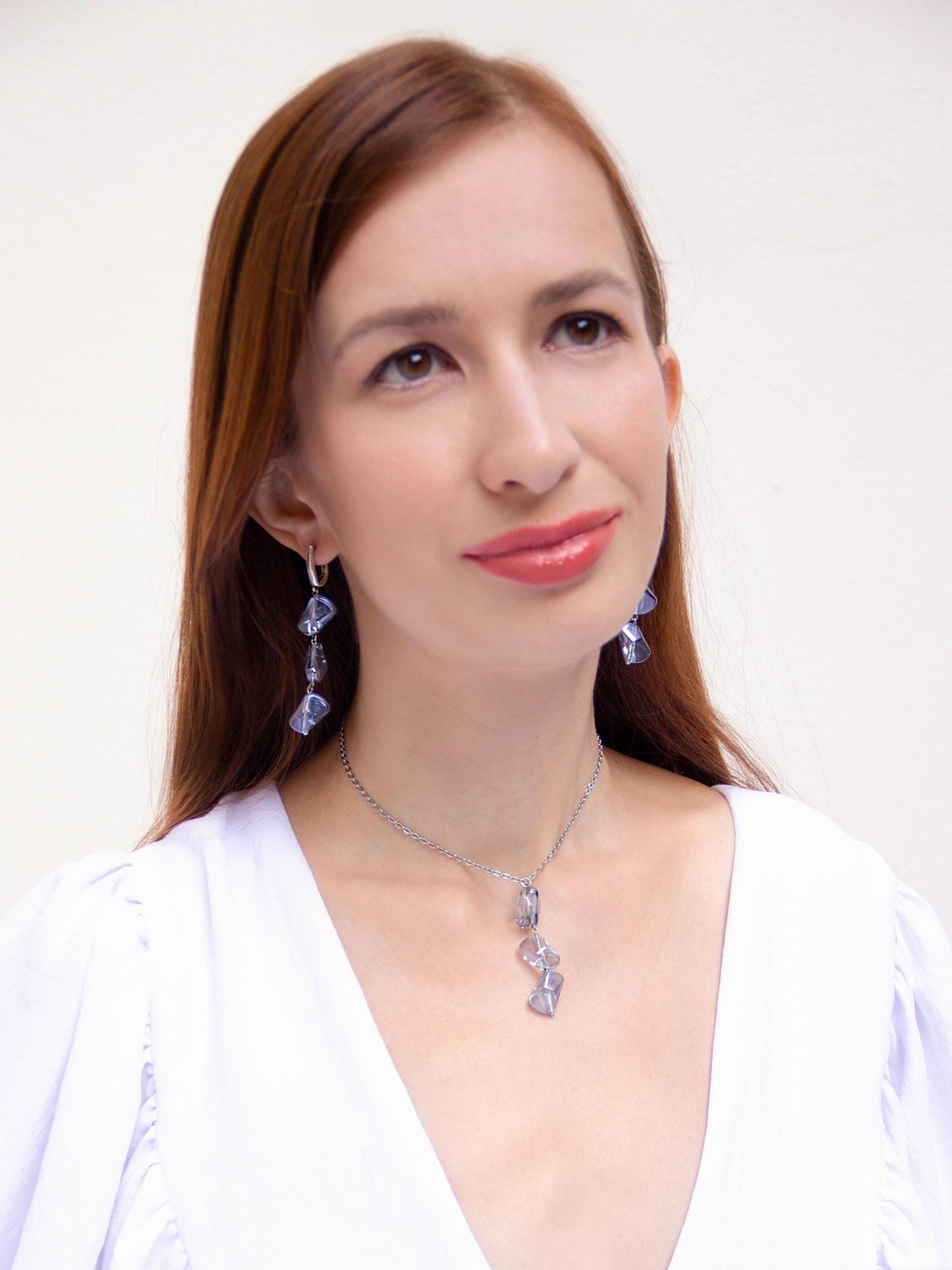 Silver Lariat Necklace Blue Bead Crystal Charm, Boho Long Statement Jewelry, Bridal Wedding Summer Necklace, Gift for Her