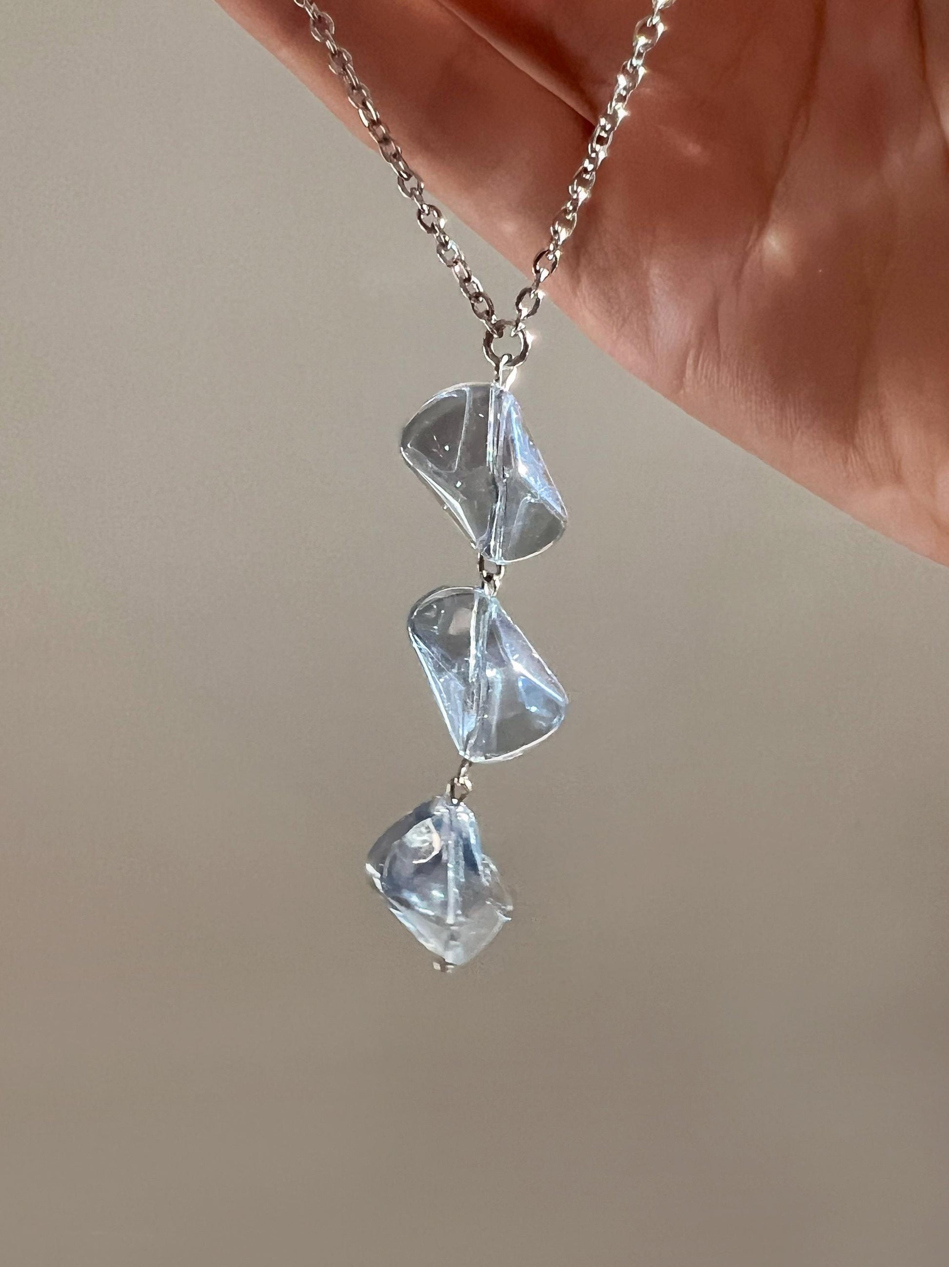Silver Lariat Necklace Blue Bead Crystal Charm, Boho Long Statement Jewelry, Bridal Wedding Summer Necklace, Gift for Her