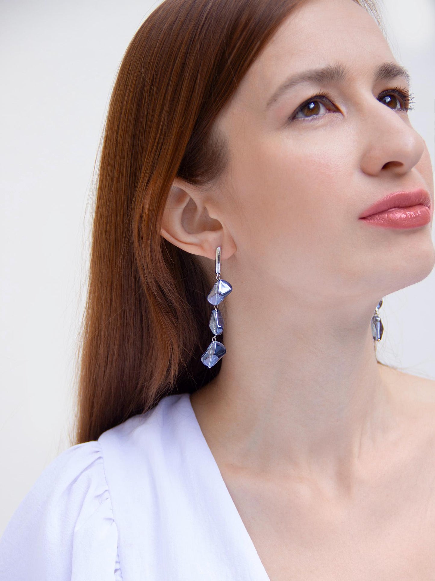 Silver Long Dangle Earrings Light Blue Glass Drop, Bridal Boho Statement Crystal Earrings, Wedding Gift for Her, Handmade Jewelry