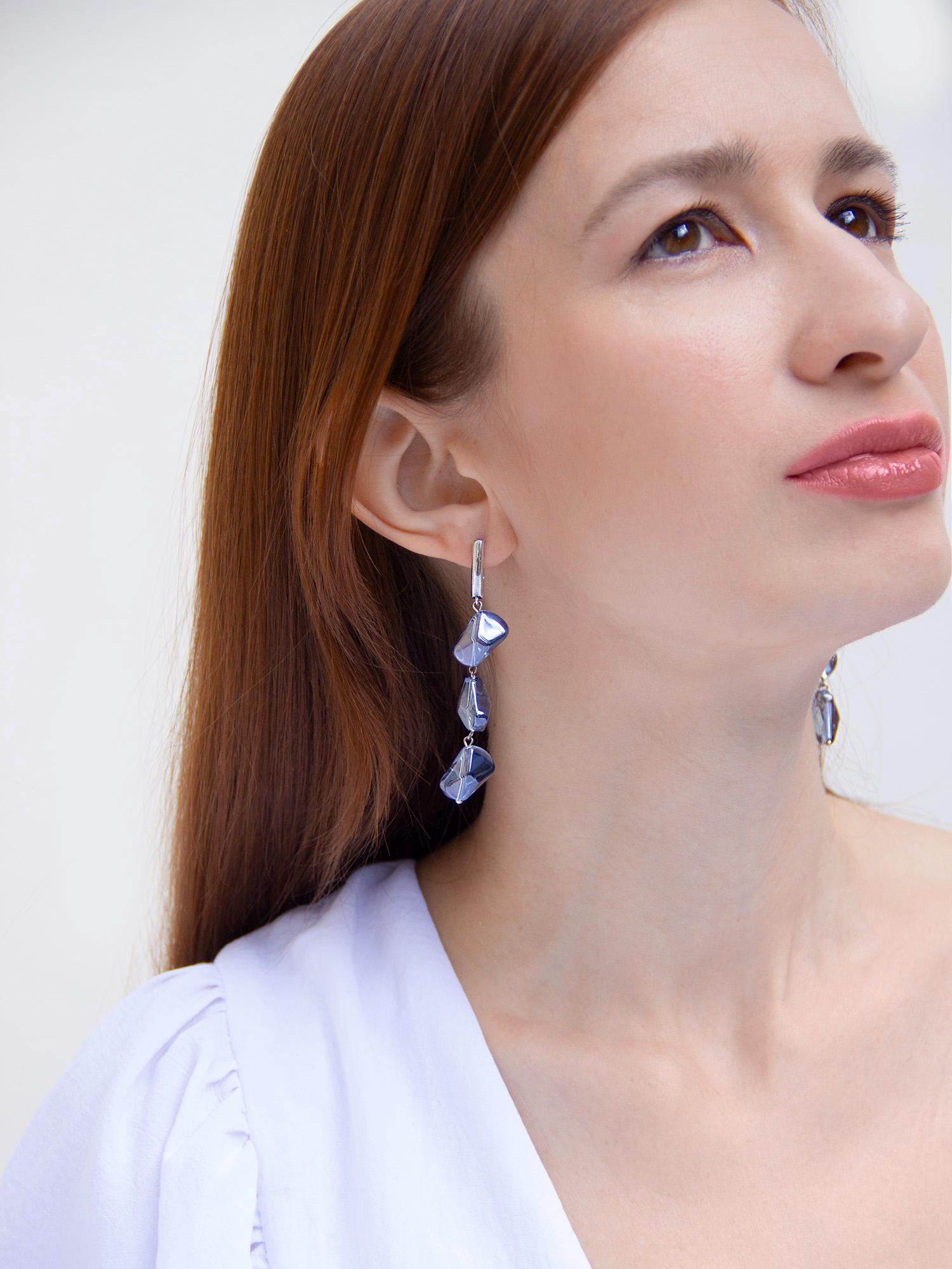 Silver Long Dangle Earrings Light Blue Glass Drop, Bridal Boho Statement Crystal Earrings, Wedding Gift for Her, Handmade Jewelry