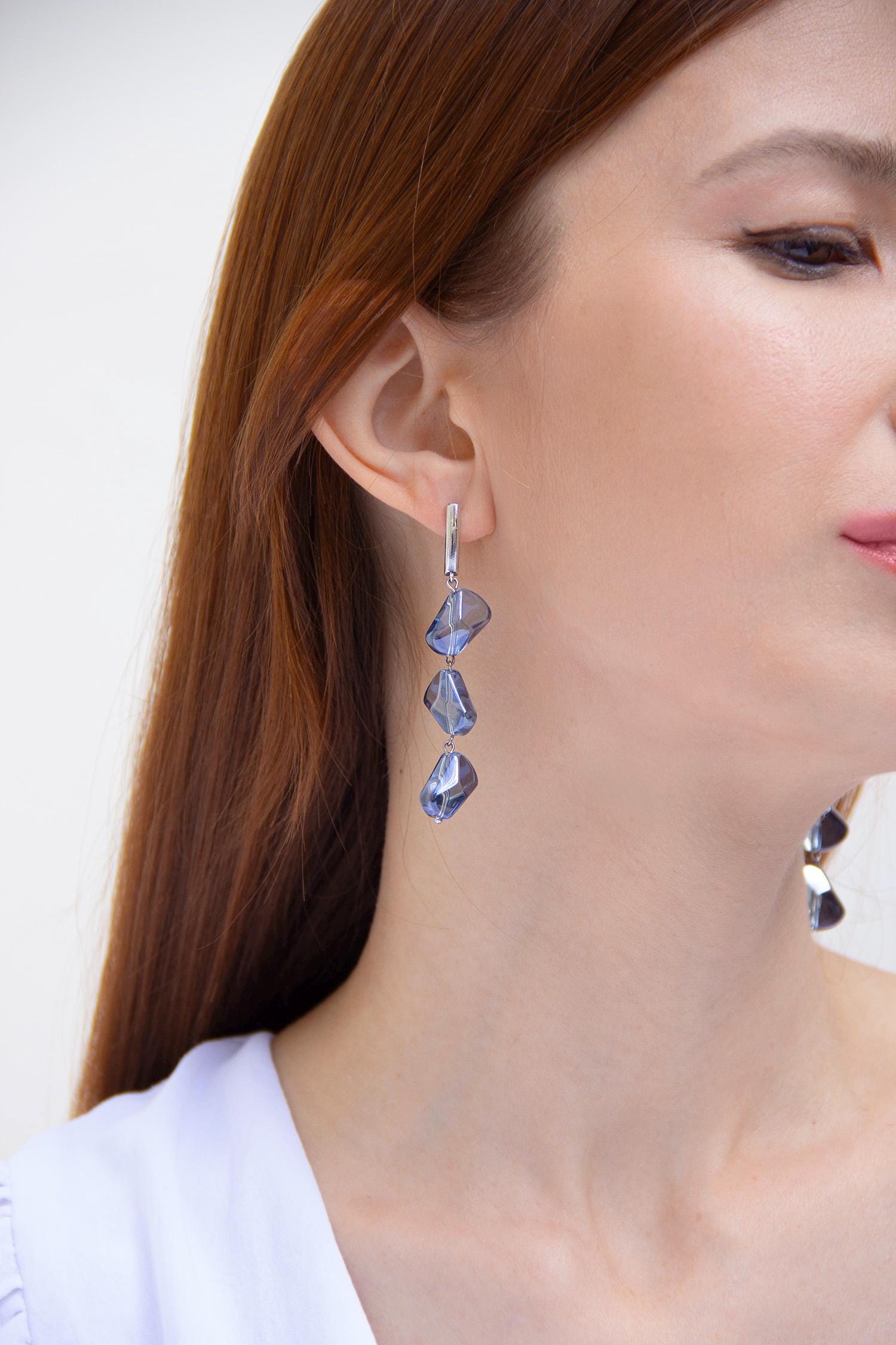 Silver Long Dangle Earrings Light Blue Glass Drop, Bridal Boho Statement Crystal Earrings, Wedding Gift for Her, Handmade Jewelry