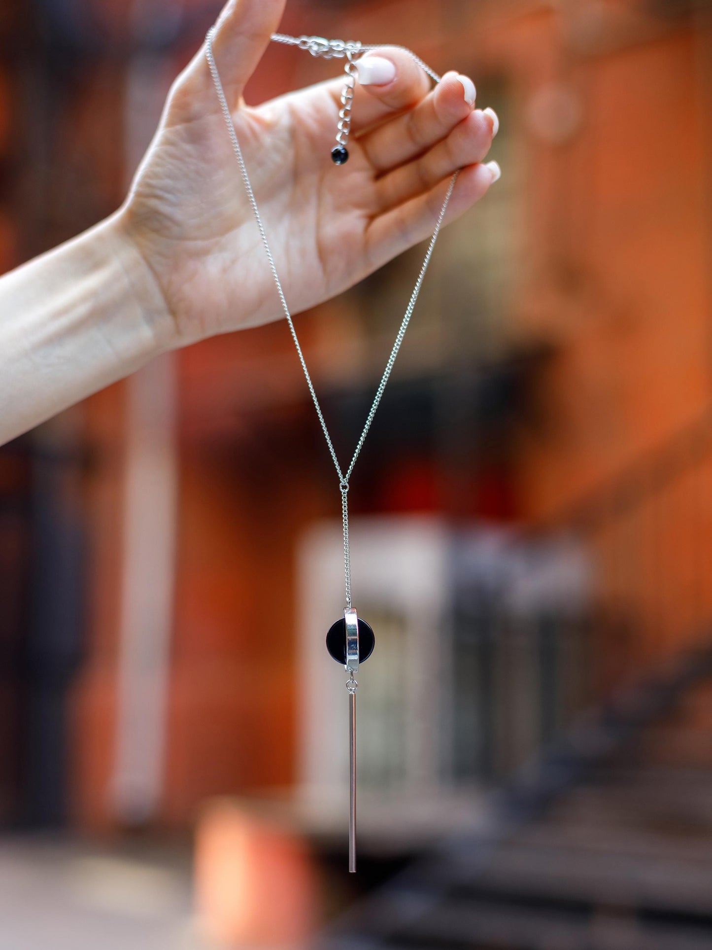 Silver Lariat Necklace with Black Onyx – Minimalist Crystal Y Necklace, Statement Protection Jewelry Gift for Her, Long Chain Necklace