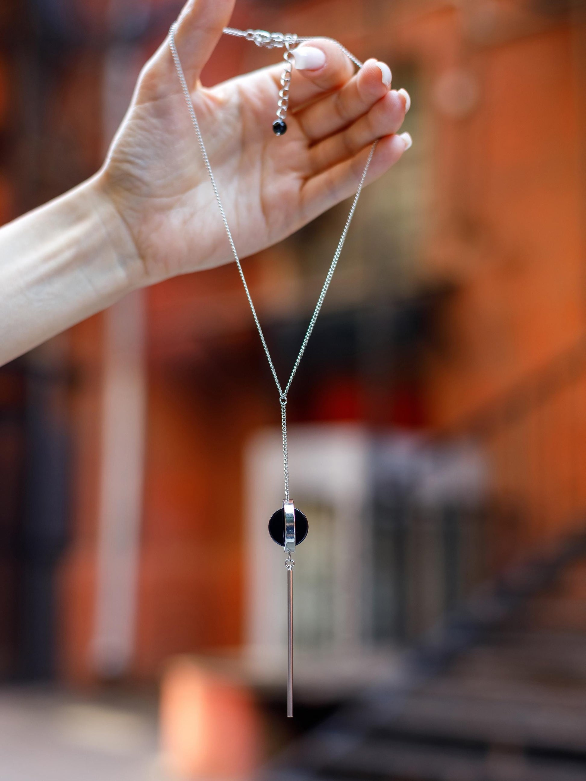 Silver Lariat Necklace with Black Onyx – Minimalist Crystal Y Necklace, Statement Protection Jewelry Gift for Her, Long Chain Necklace