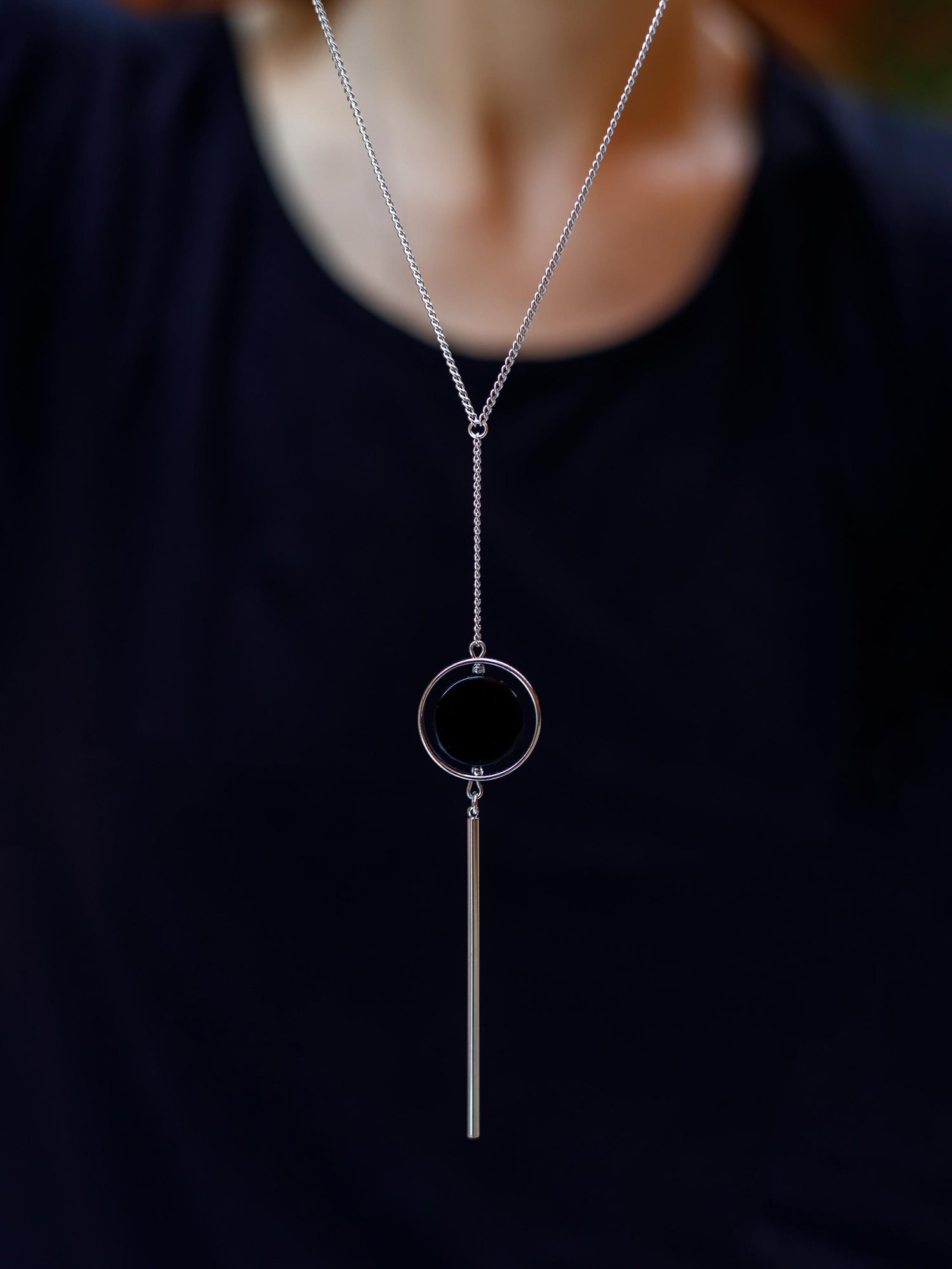 Silver Lariat Necklace with Black Onyx – Minimalist Crystal Y Necklace, Statement Protection Jewelry Gift for Her, Long Chain Necklace