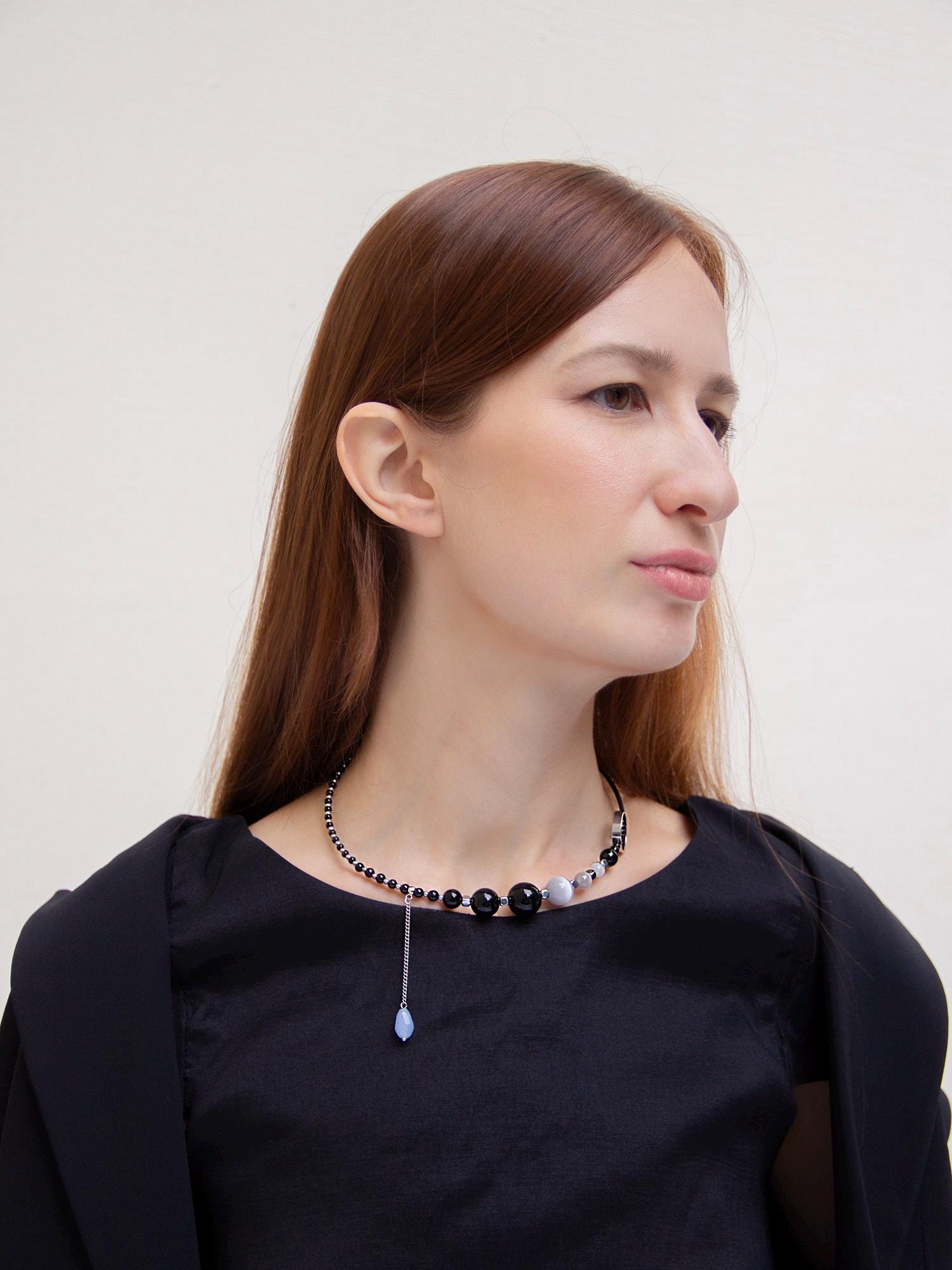 Black Onyx Silver Chunky Choker Necklace, Beaded Crystal Charm, Handmade Boho Grunge Jewelry, Layered Birthday Gift, Unique Necklace