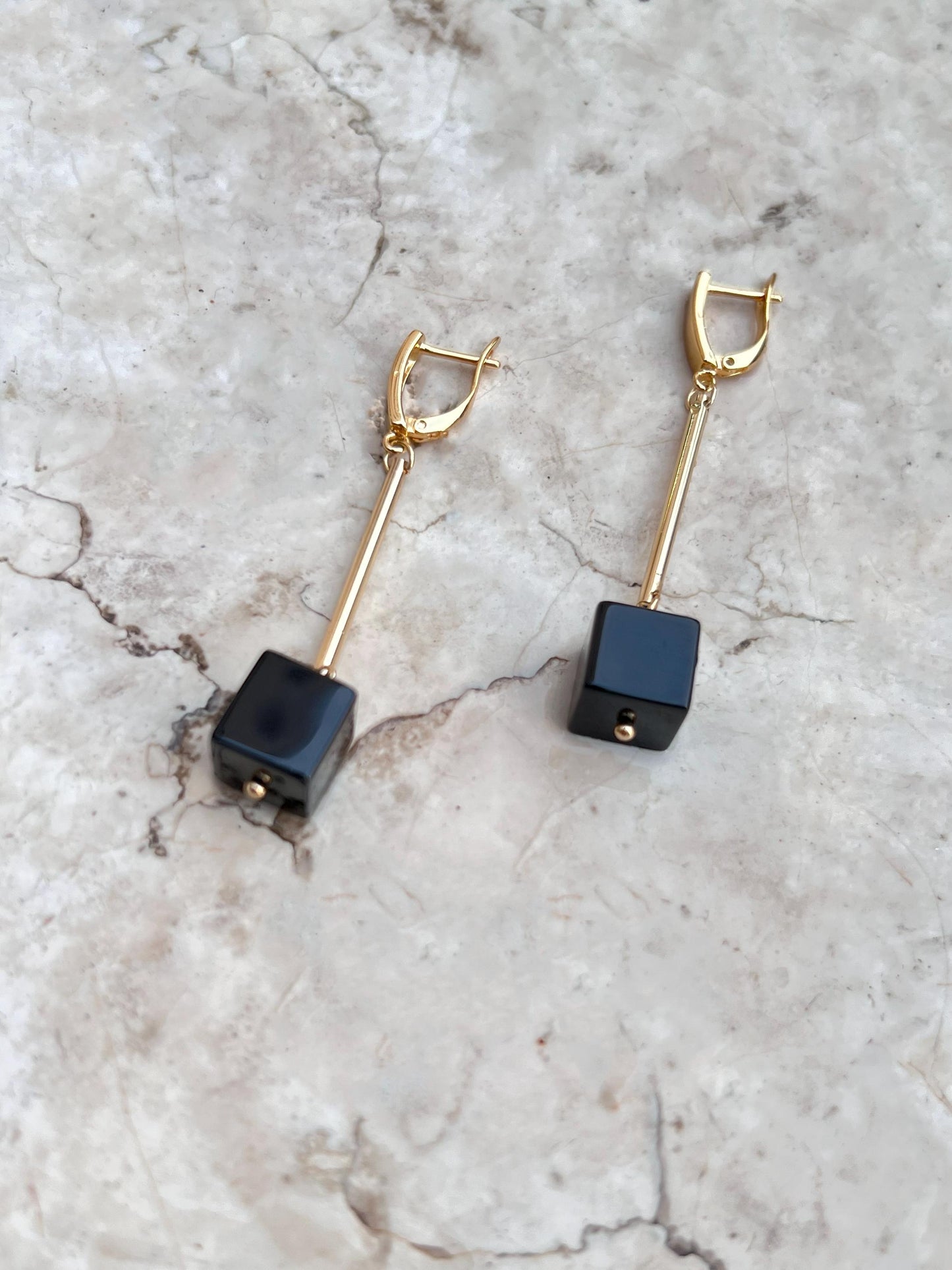 Silver Dangle Earrings with Black Onyx – Geometric Crystal Earrings, Minimalist Art Deco Jewelry, Handmade Birthstone Gift for Her
