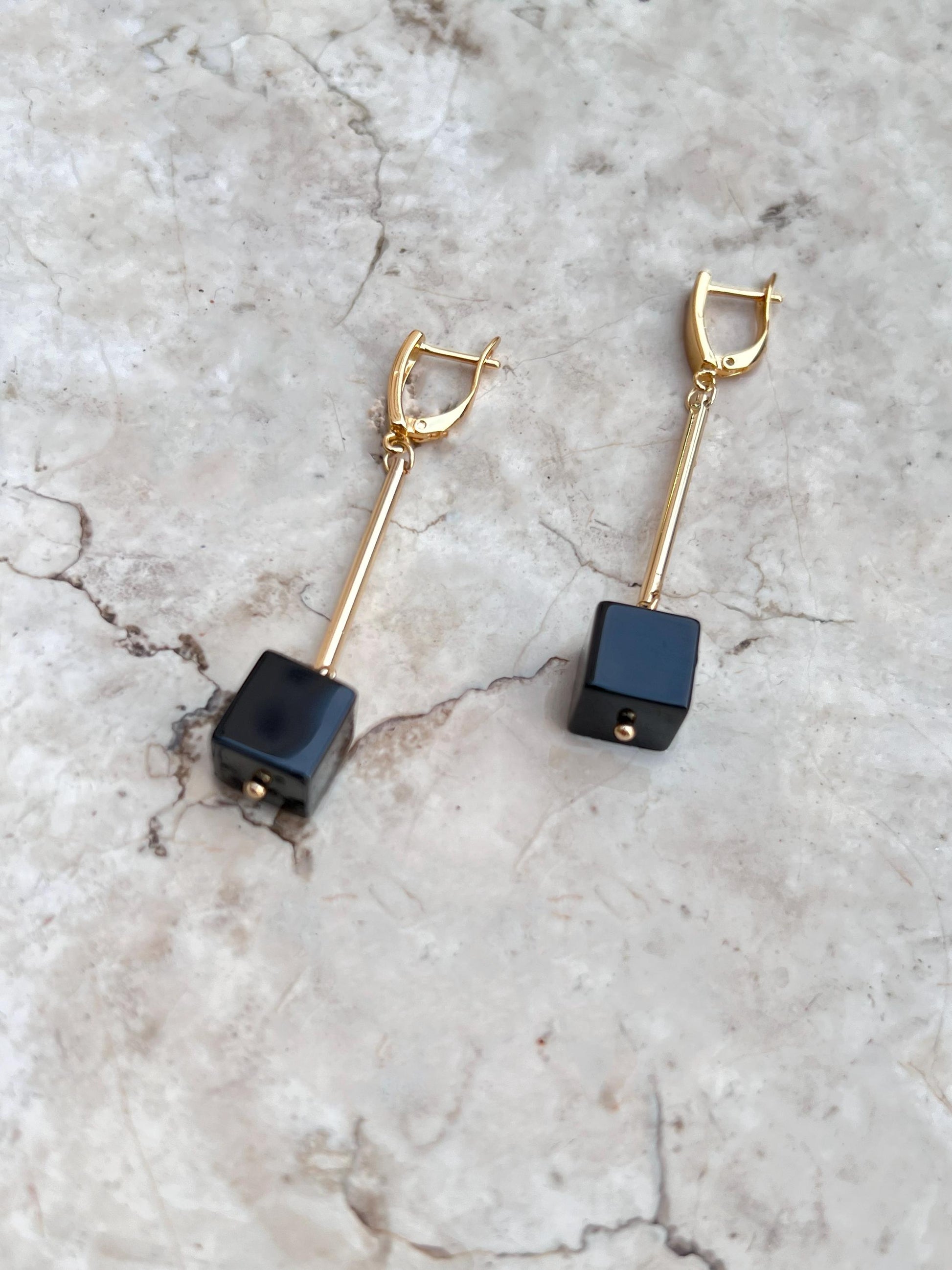 Silver Dangle Earrings with Black Onyx – Geometric Crystal Earrings, Minimalist Art Deco Jewelry, Handmade Birthstone Gift for Her