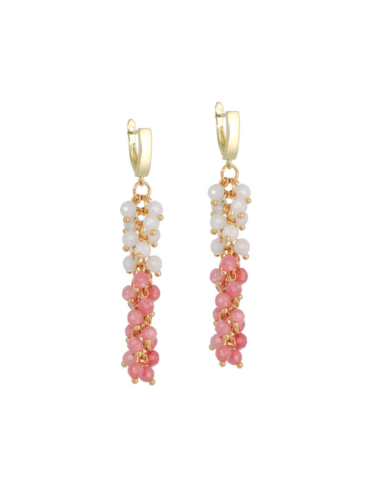 Gold Tassel Dangle Earrings, Pink Rose Quartz Crystal Beaded Earrings, Boho Funky Bridal Wedding Statement Gift for Her, Long Earrings