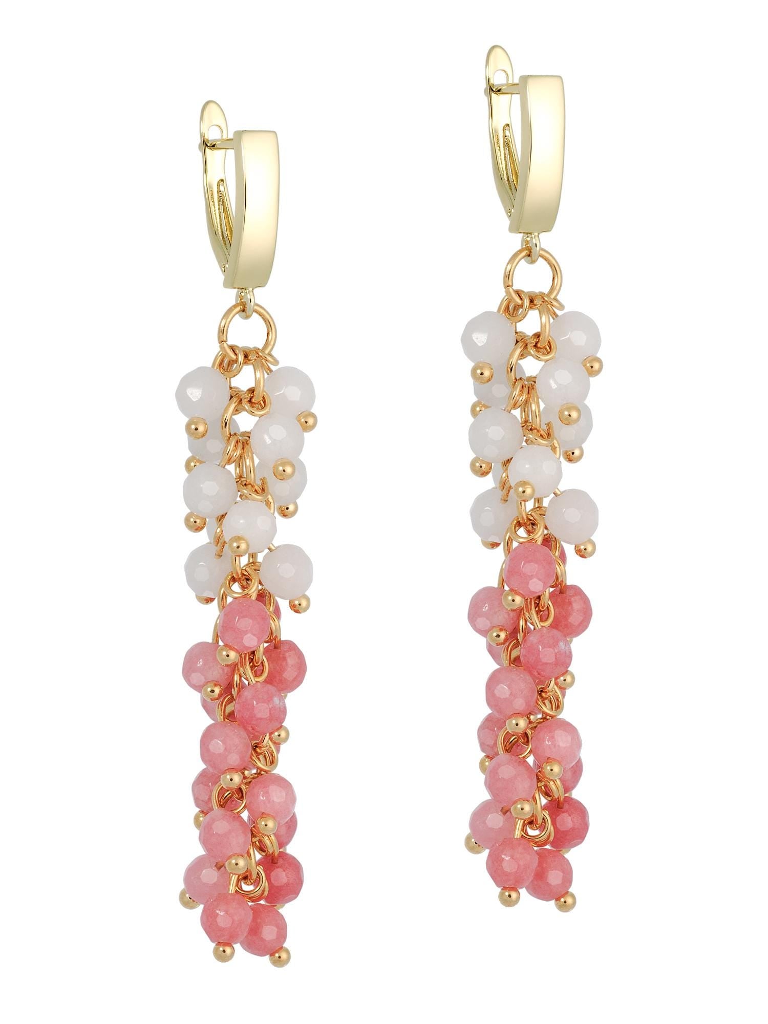 Gold Tassel Dangle Earrings, Pink Rose Quartz Crystal Beaded Earrings, Boho Funky Bridal Wedding Statement Gift for Her, Long Earrings