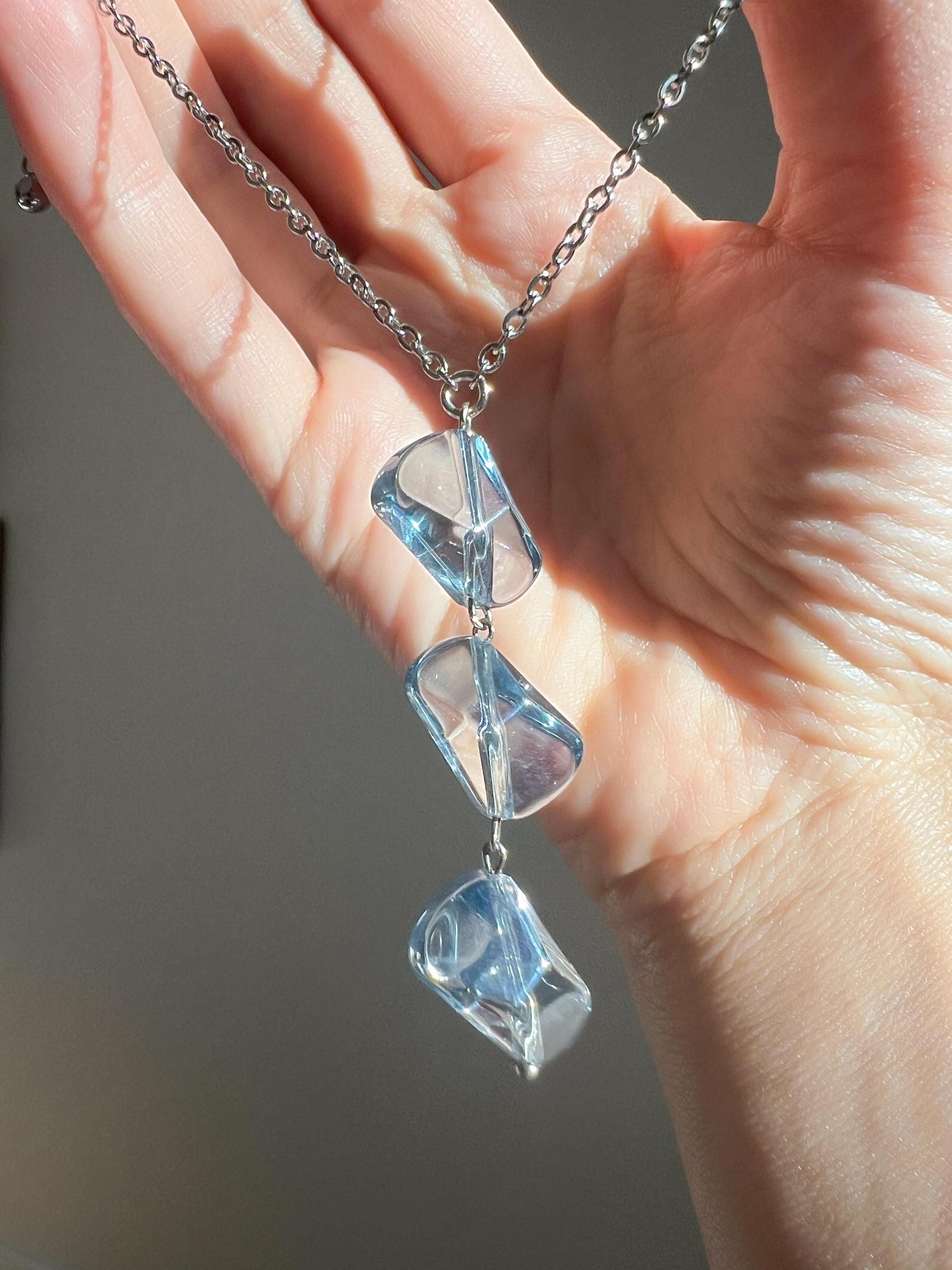 Silver Lariat Necklace Blue Bead Crystal Charm, Boho Long Statement Jewelry, Bridal Wedding Summer Necklace, Gift for Her