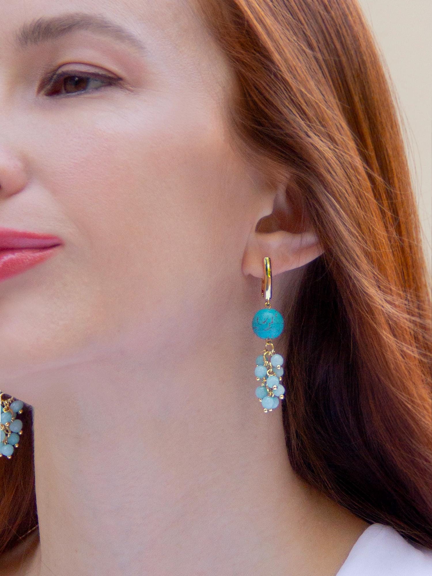 Gold Dangle Drop Earrings, Rose Angelite Quartz Bead Cute Long Earrings, Bohemian Statement Pink Crystal, Wedding Jewelry, Gift for her