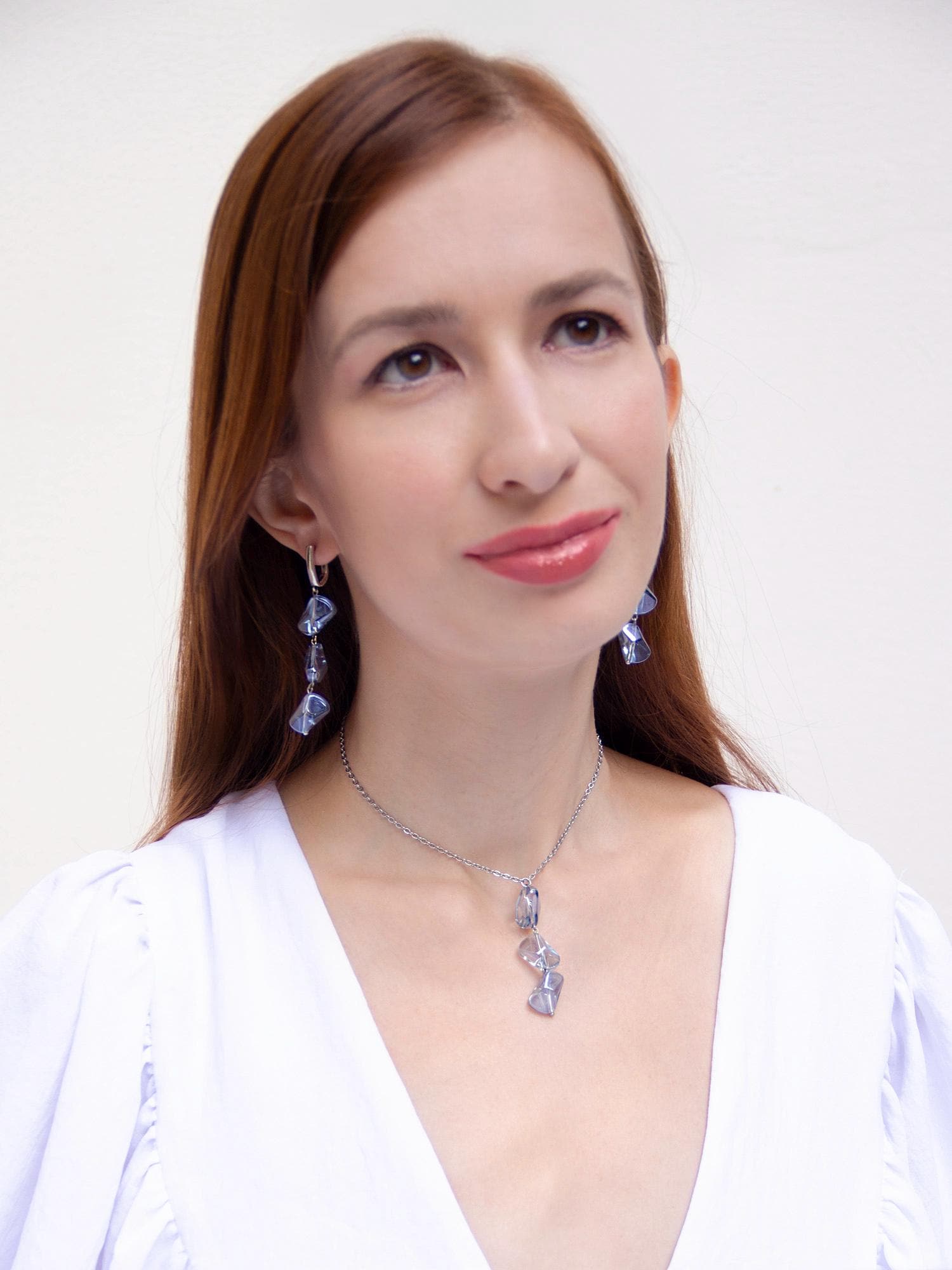 Silver Long Dangle Earrings Light Blue Glass Drop, Bridal Boho Statement Crystal Earrings, Wedding Gift for Her, Handmade Jewelry