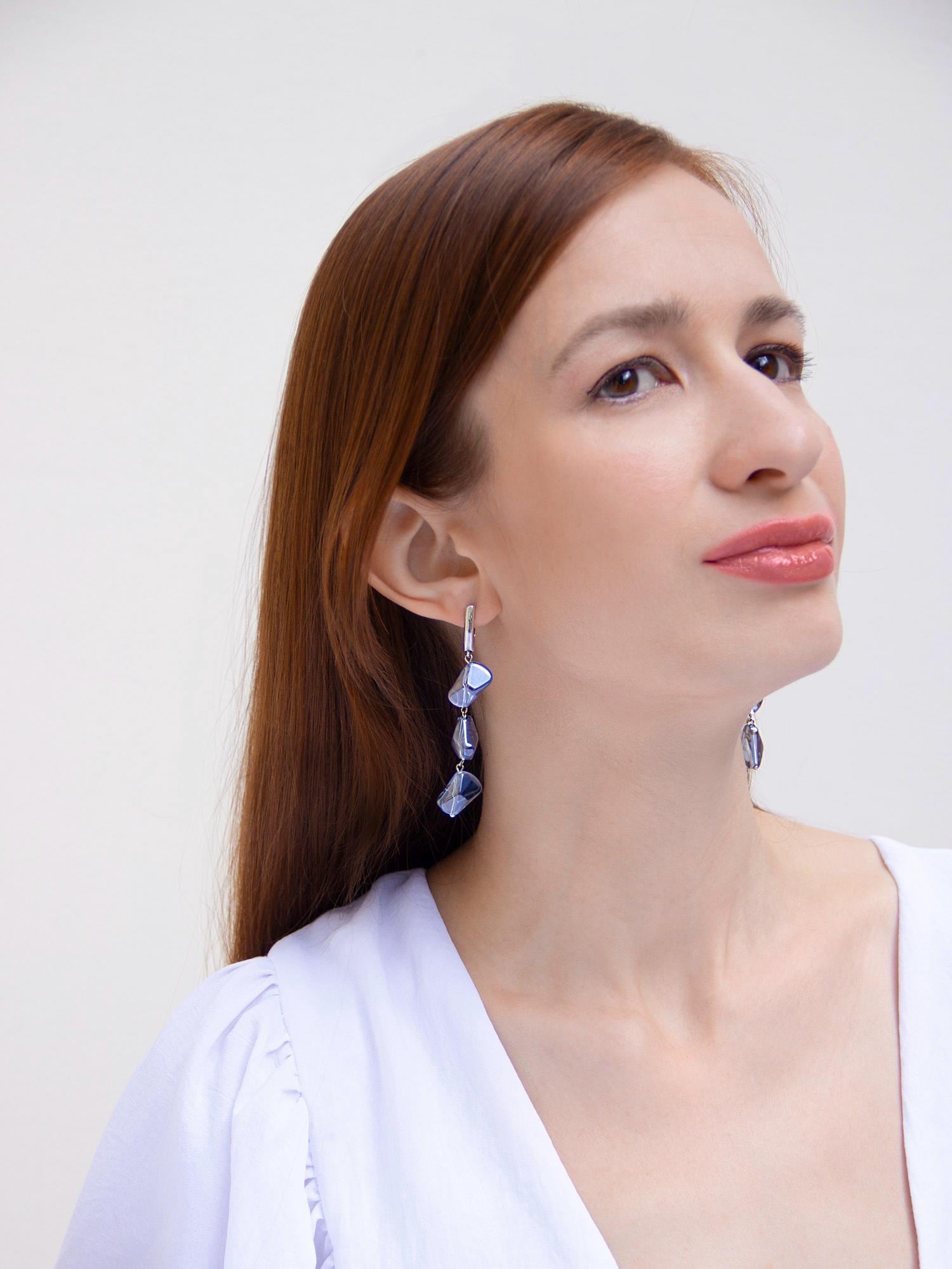 Silver Long Dangle Earrings Light Blue Glass Drop, Bridal Boho Statement Crystal Earrings, Wedding Gift for Her, Handmade Jewelry