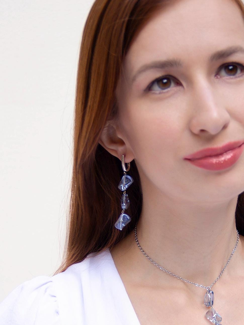 Silver Long Dangle Earrings Light Blue Glass Drop, Bridal Boho Statement Crystal Earrings, Wedding Gift for Her, Handmade Jewelry