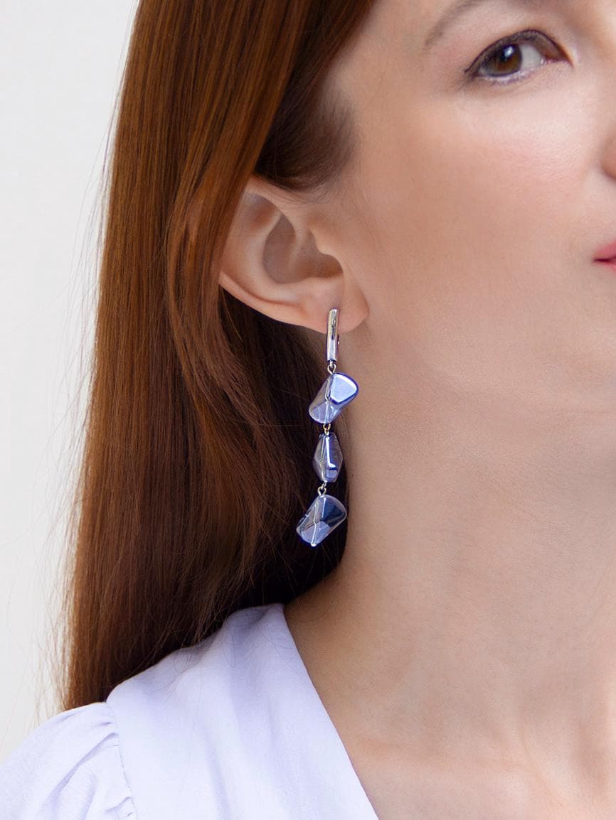 Silver Long Dangle Earrings Light Blue Glass Drop, Bridal Boho Statement Crystal Earrings, Wedding Gift for Her, Handmade Jewelry