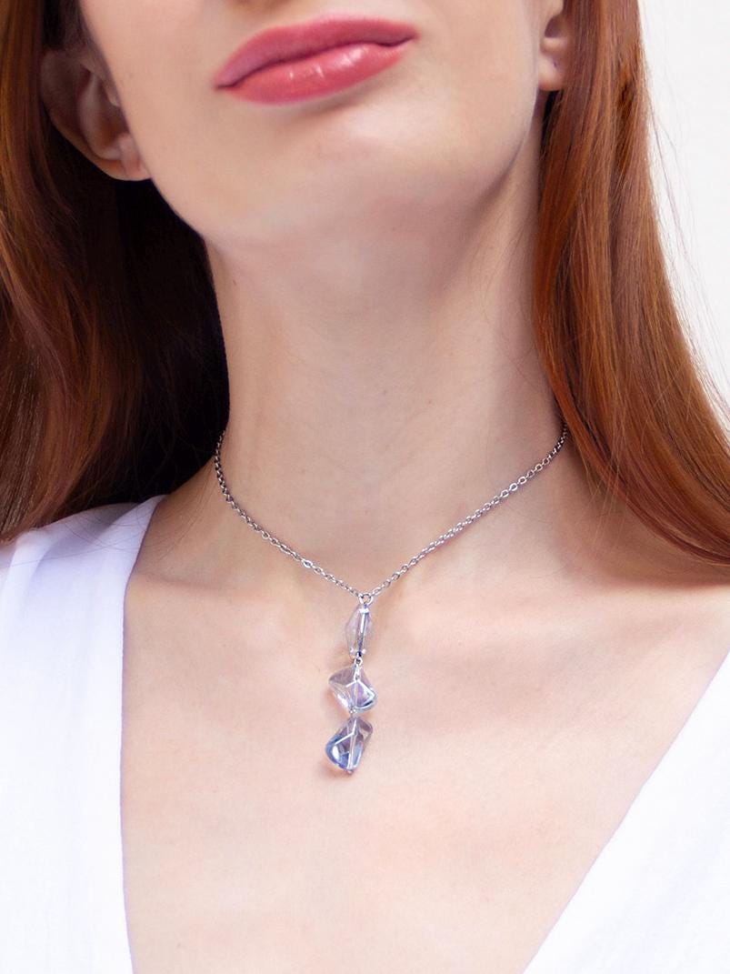 Silver Long Dangle Earrings Light Blue Glass Drop, Bridal Boho Statement Crystal Earrings, Wedding Gift for Her, Handmade Jewelry