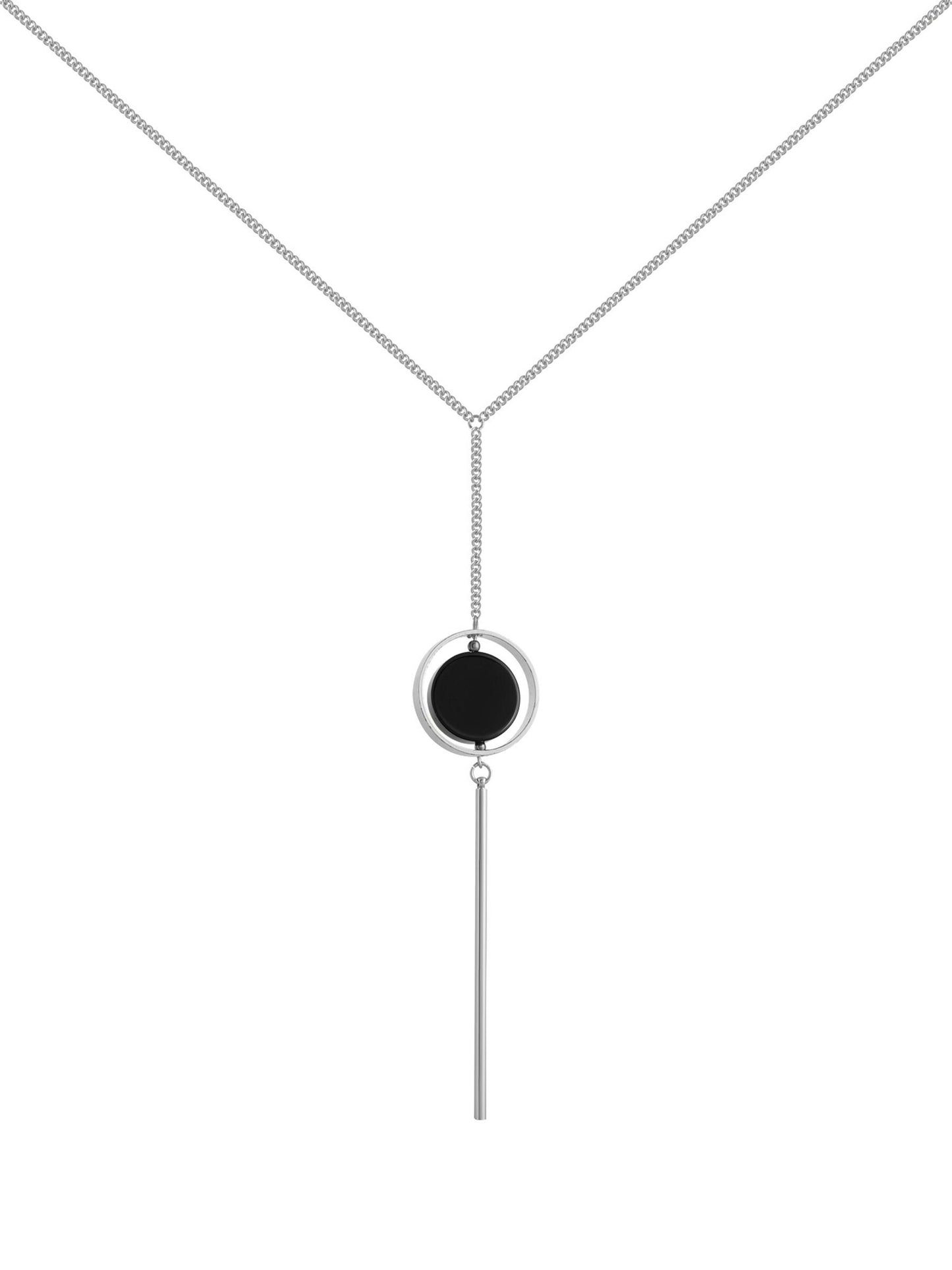 Silver Lariat Necklace with Black Onyx – Minimalist Crystal Y Necklace, Statement Protection Jewelry Gift for Her, Long Chain Necklace