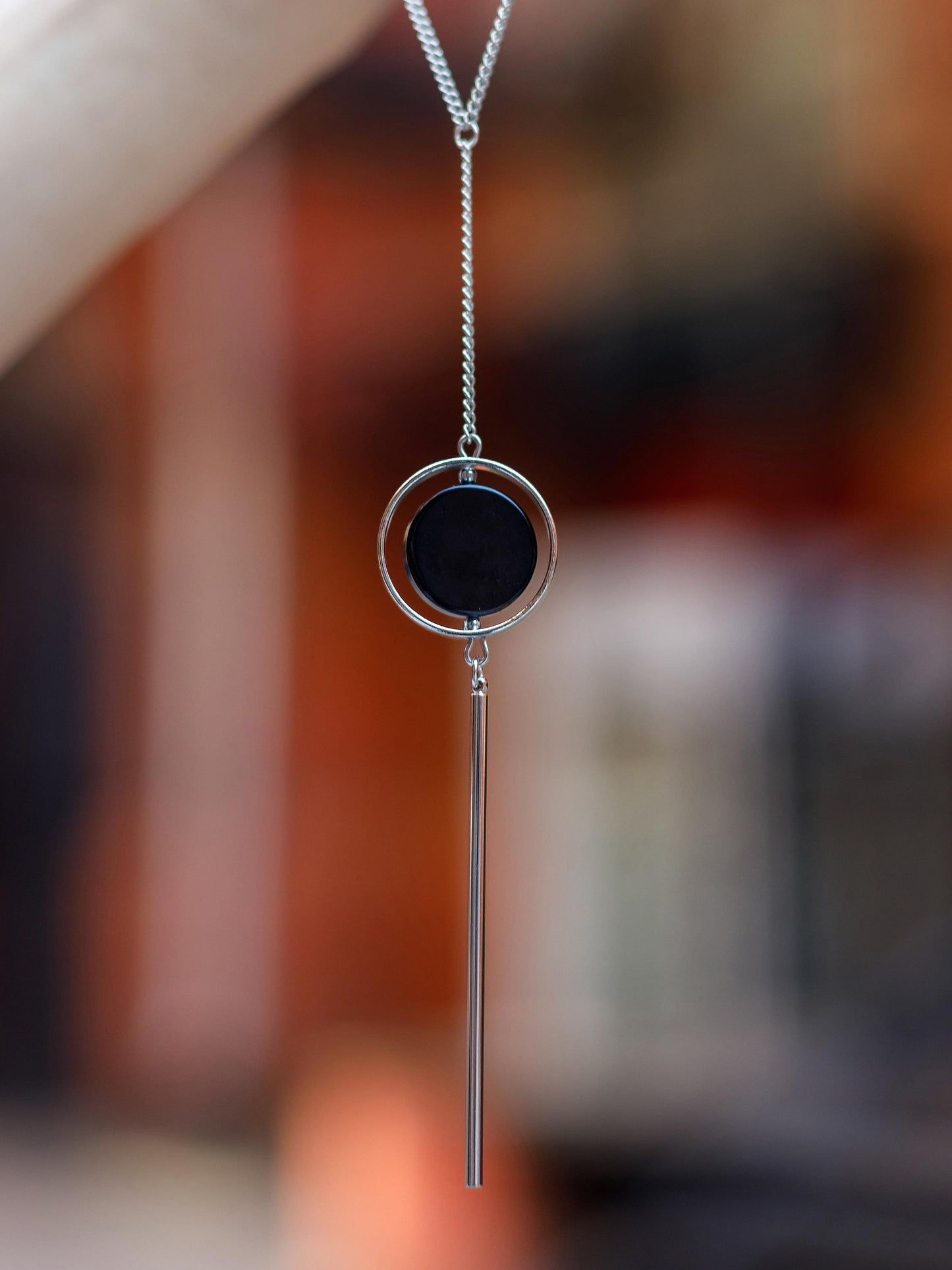 Silver Lariat Necklace with Black Onyx – Minimalist Crystal Y Necklace, Statement Protection Jewelry Gift for Her, Long Chain Necklace