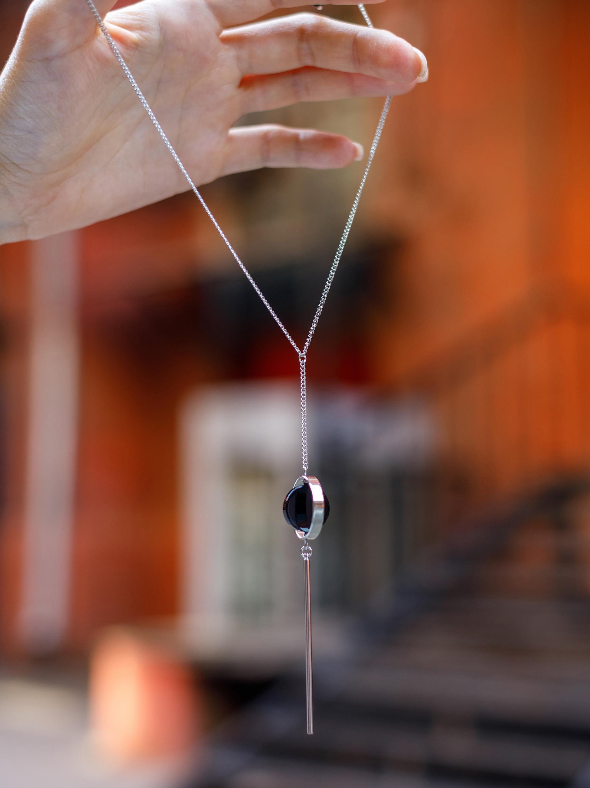 Silver Lariat Necklace with Black Onyx – Minimalist Crystal Y Necklace, Statement Protection Jewelry Gift for Her, Long Chain Necklace
