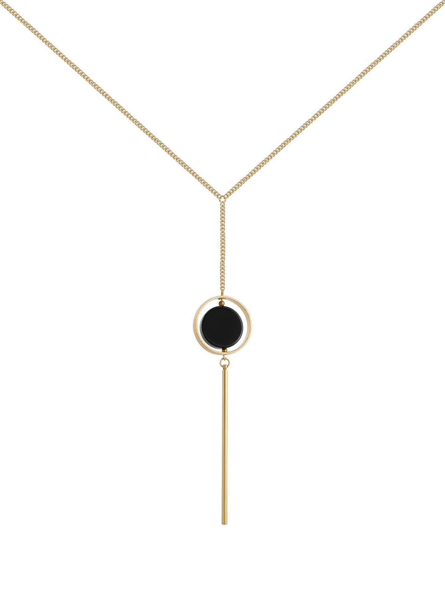 Silver Lariat Necklace with Black Onyx – Minimalist Crystal Y Necklace, Statement Protection Jewelry Gift for Her, Long Chain Necklace