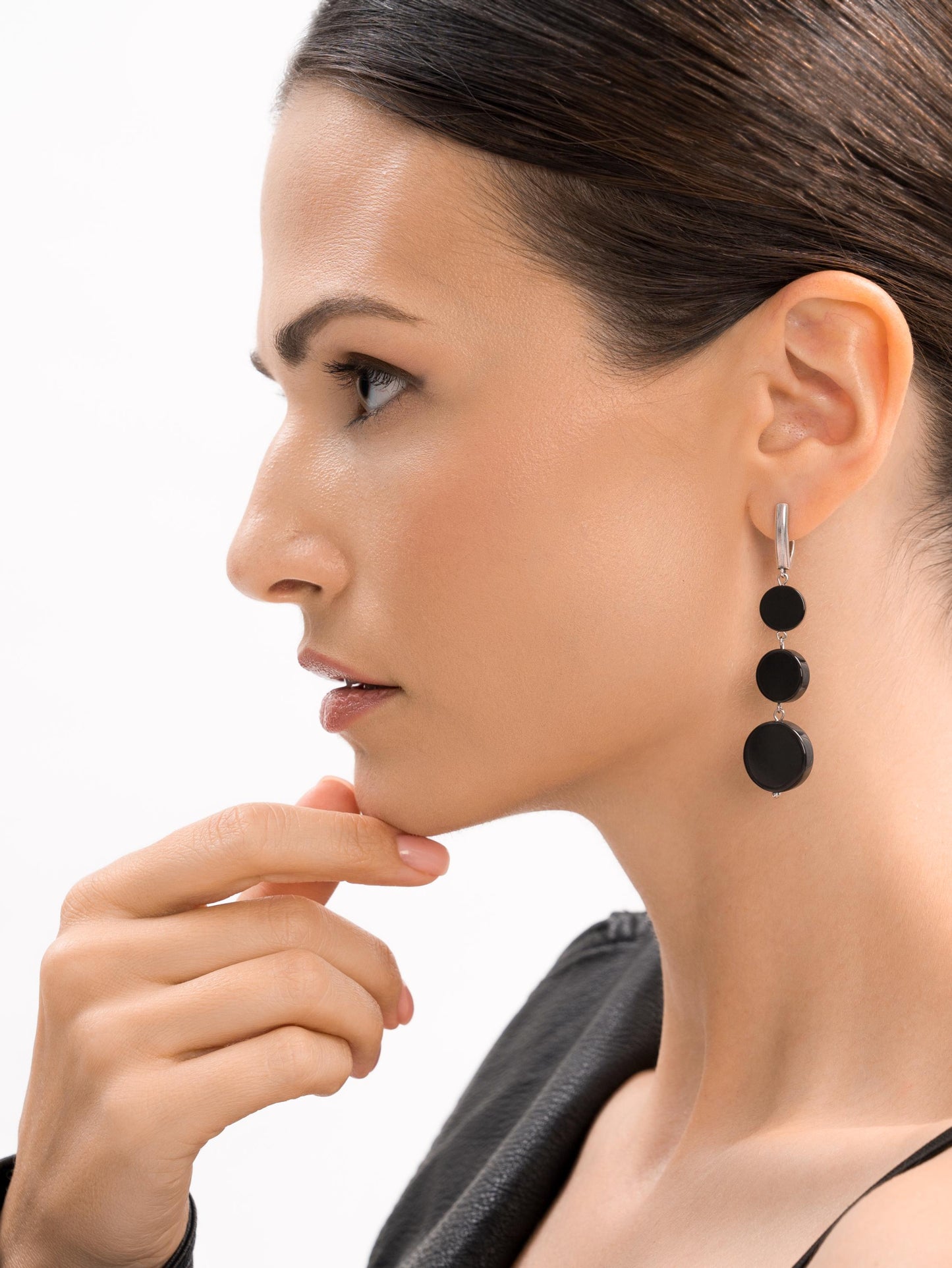 Silver Asymmetrical Earrings – Long Mismatched Black Onyx Dangle Earrings, Minimalist Geometric Statement Gift for Her, Cool Unique Jewelry