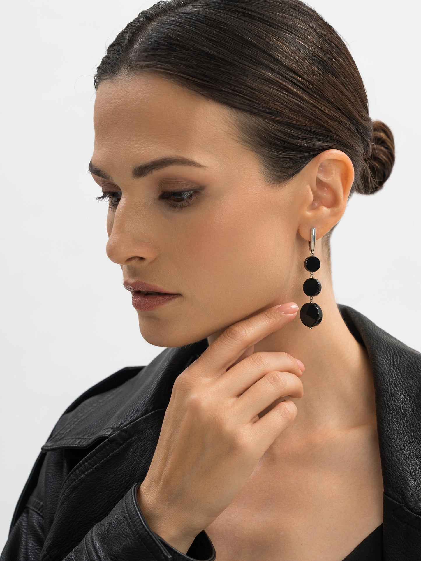 Silver Asymmetrical Earrings – Long Mismatched Black Onyx Dangle Earrings, Minimalist Geometric Statement Gift for Her, Cool Unique Jewelry
