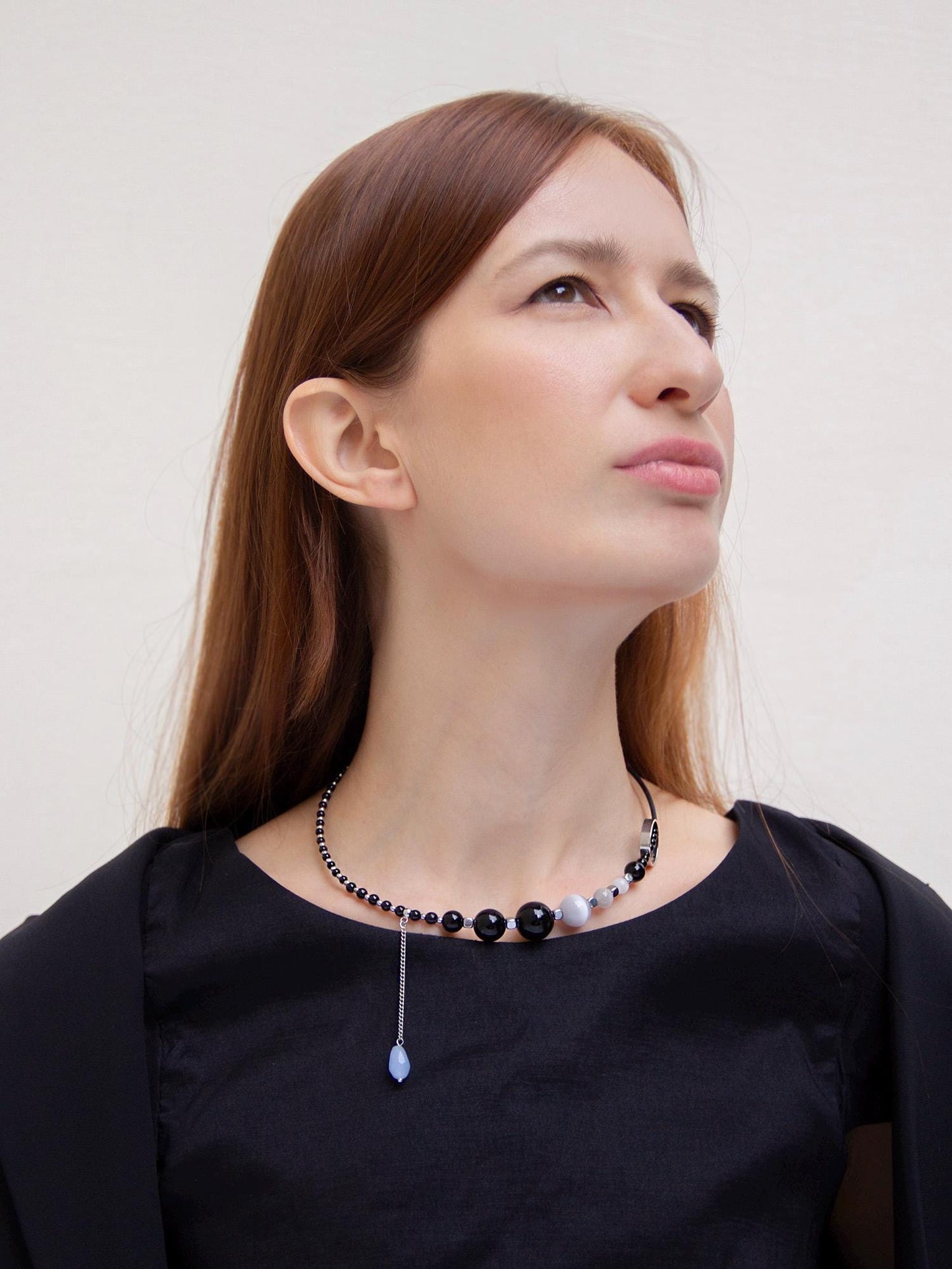 Black Onyx Silver Chunky Choker Necklace, Beaded Crystal Charm, Handmade Boho Grunge Jewelry, Layered Birthday Gift, Unique Necklace