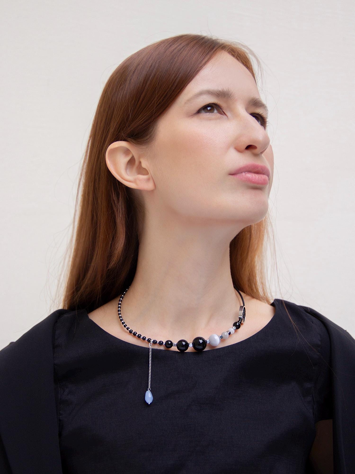 Black Onyx Silver Chunky Choker Necklace, Beaded Crystal Charm, Handmade Boho Grunge Jewelry, Layered Birthday Gift, Unique Necklace