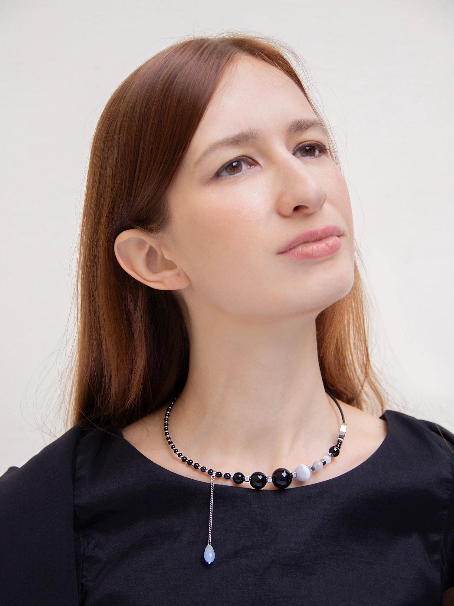Black Onyx Silver Chunky Choker Necklace, Beaded Crystal Charm, Handmade Boho Grunge Jewelry, Layered Birthday Gift, Unique Necklace