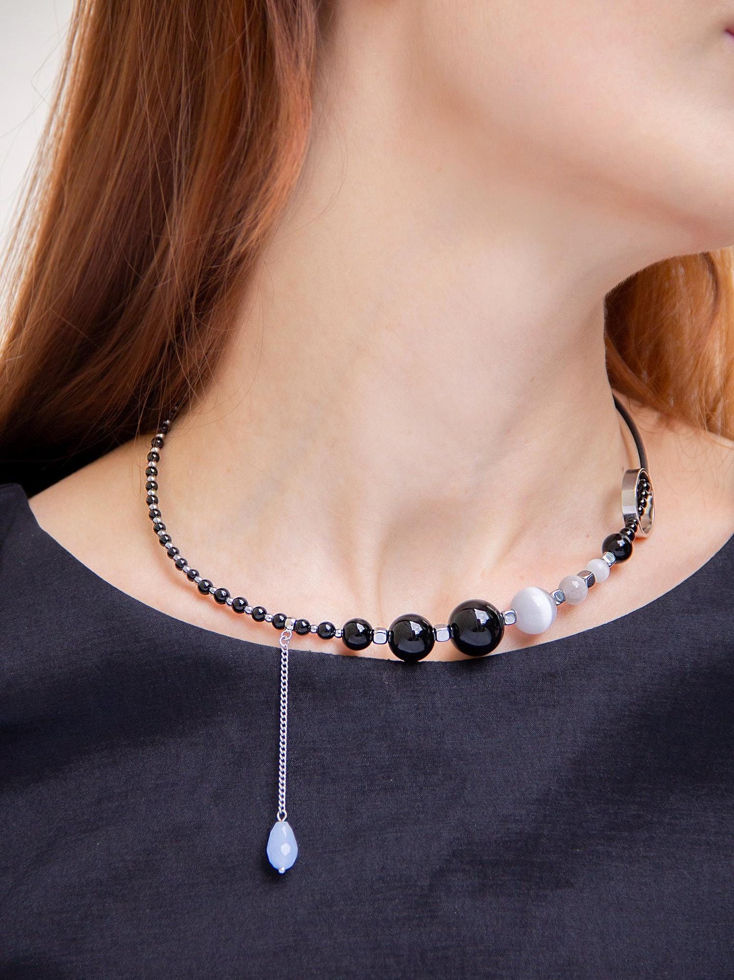 Black Onyx Silver Chunky Choker Necklace, Beaded Crystal Charm, Handmade Boho Grunge Jewelry, Layered Birthday Gift, Unique Necklace