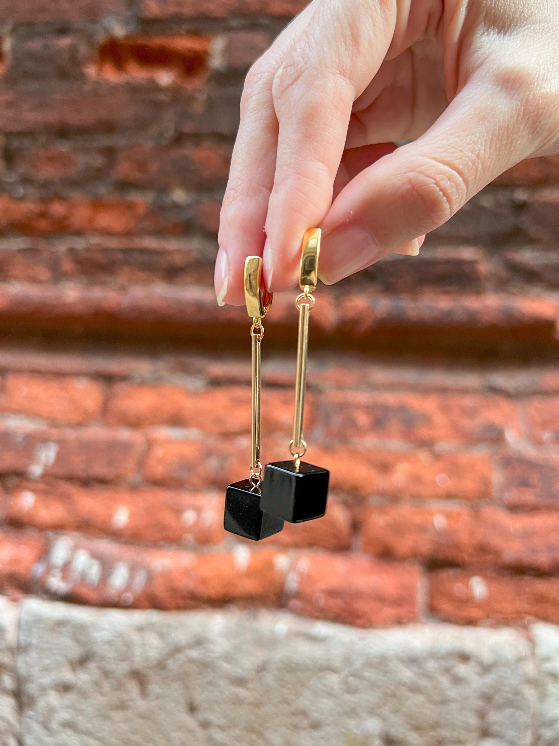 Silver Dangle Earrings with Black Onyx – Geometric Crystal Earrings, Minimalist Art Deco Jewelry, Handmade Birthstone Gift for Her