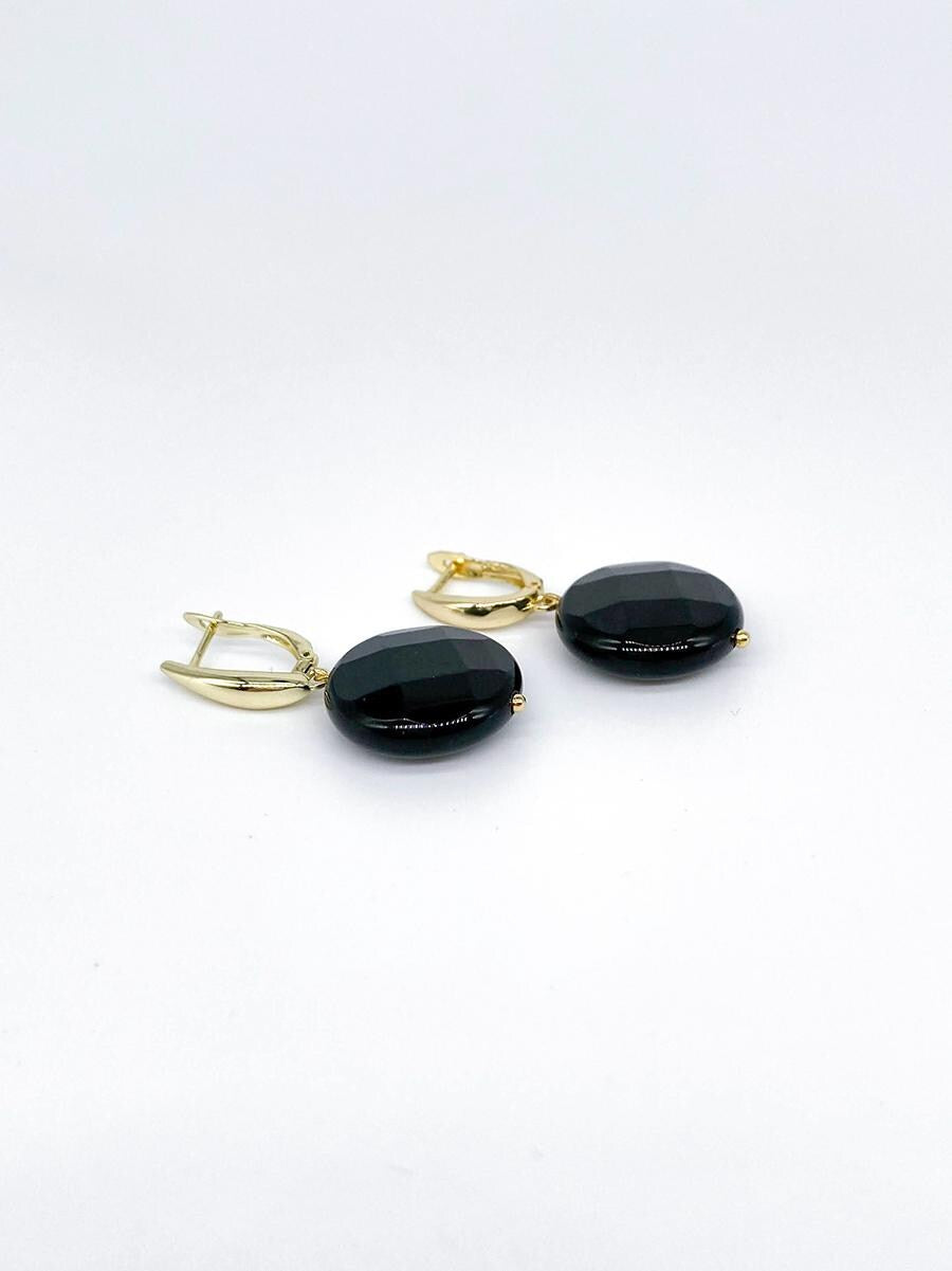 Gold Black Onyx Dangle Earrings, Statement Gemstone Drop Earrings, Minimalist Pendant Earrings, Crystal Black Agate Gift for Her Jewelry