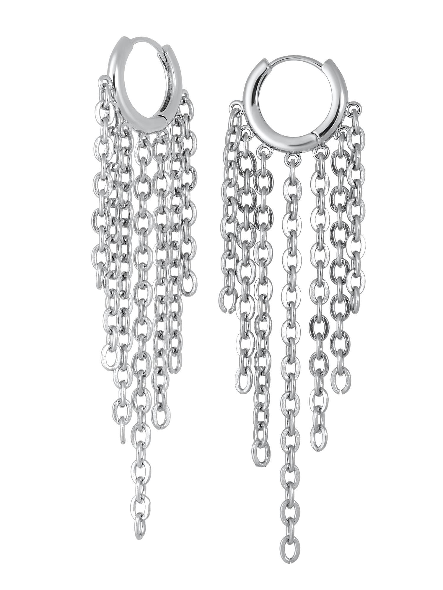 Silver Dangle Chain Earrings • Gothic Grunge Hoop Statement • Handmade Boho Chandelier Jewelry • Cool Funny Gift for Her