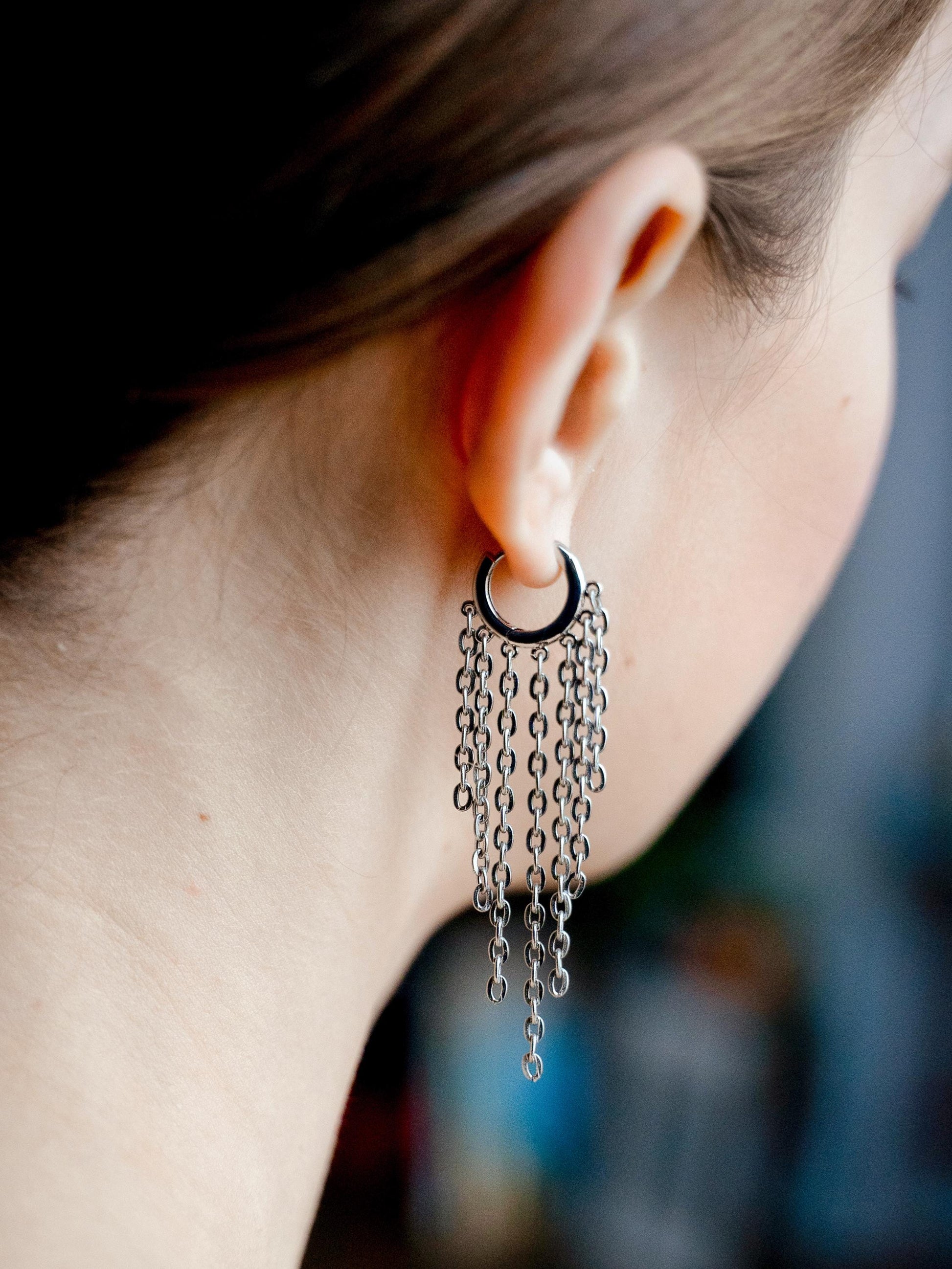 Silver Dangle Chain Earrings • Gothic Grunge Hoop Statement • Handmade Boho Chandelier Jewelry • Cool Funny Gift for Her