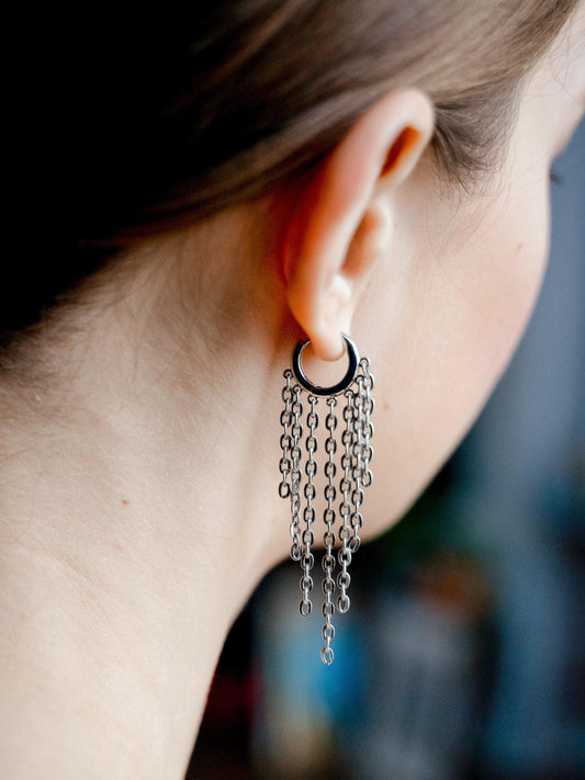 Silver Dangle Chain Earrings • Gothic Grunge Hoop Statement • Handmade Boho Chandelier Jewelry • Cool Funny Gift for Her