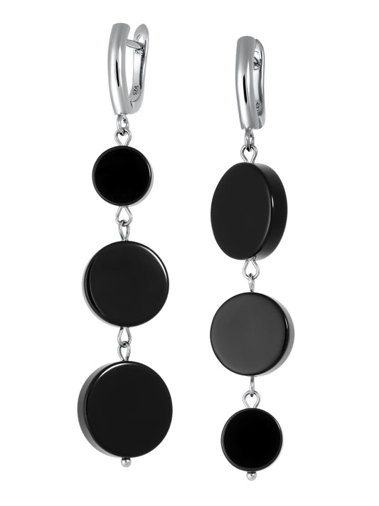 Silver Asymmetrical Earrings – Long Mismatched Black Onyx Dangle Earrings, Minimalist Geometric Statement Gift for Her, Cool Unique Jewelry