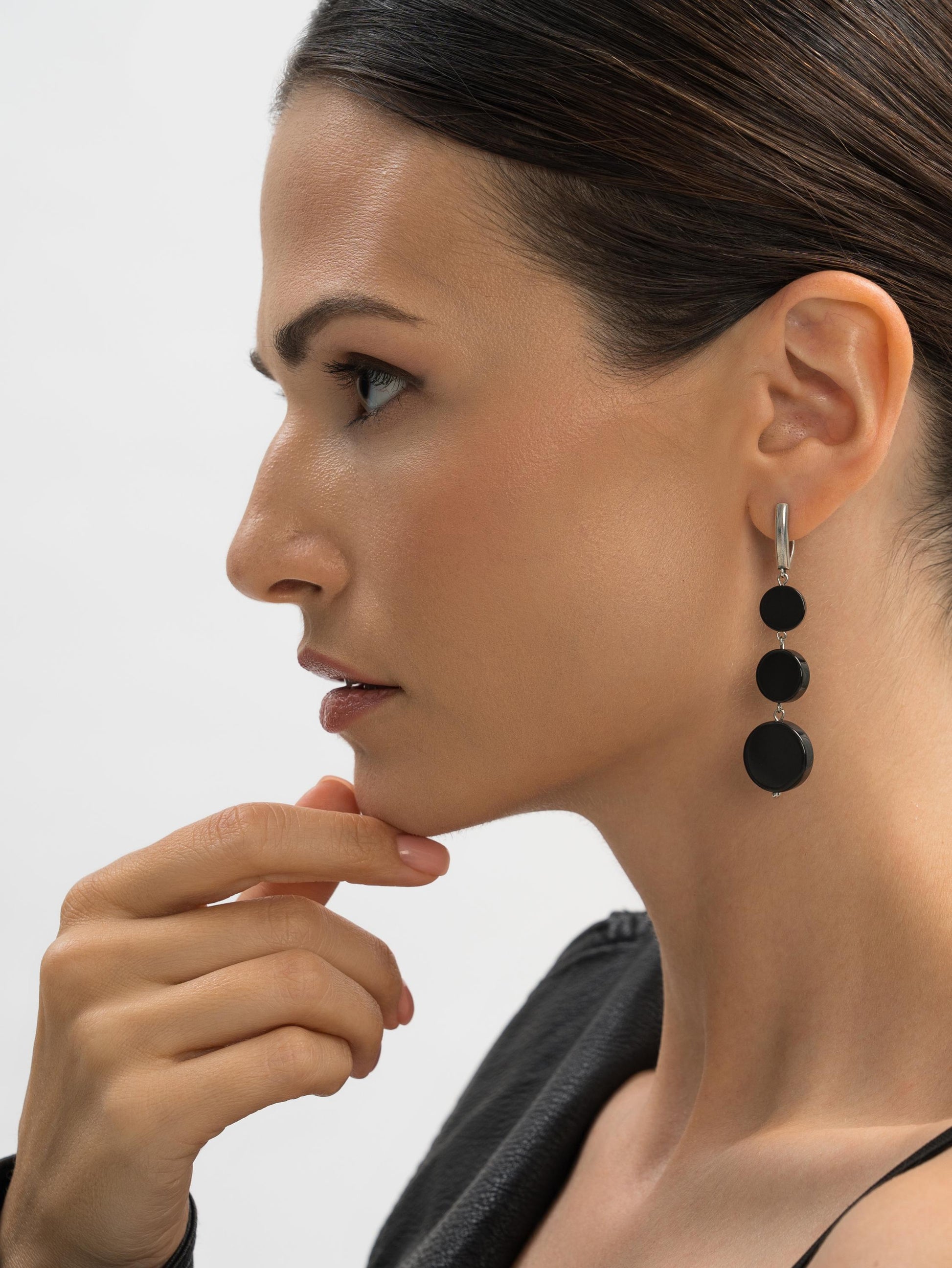 Silver Asymmetrical Earrings – Long Mismatched Black Onyx Dangle Earrings, Minimalist Geometric Statement Gift for Her, Cool Unique Jewelry