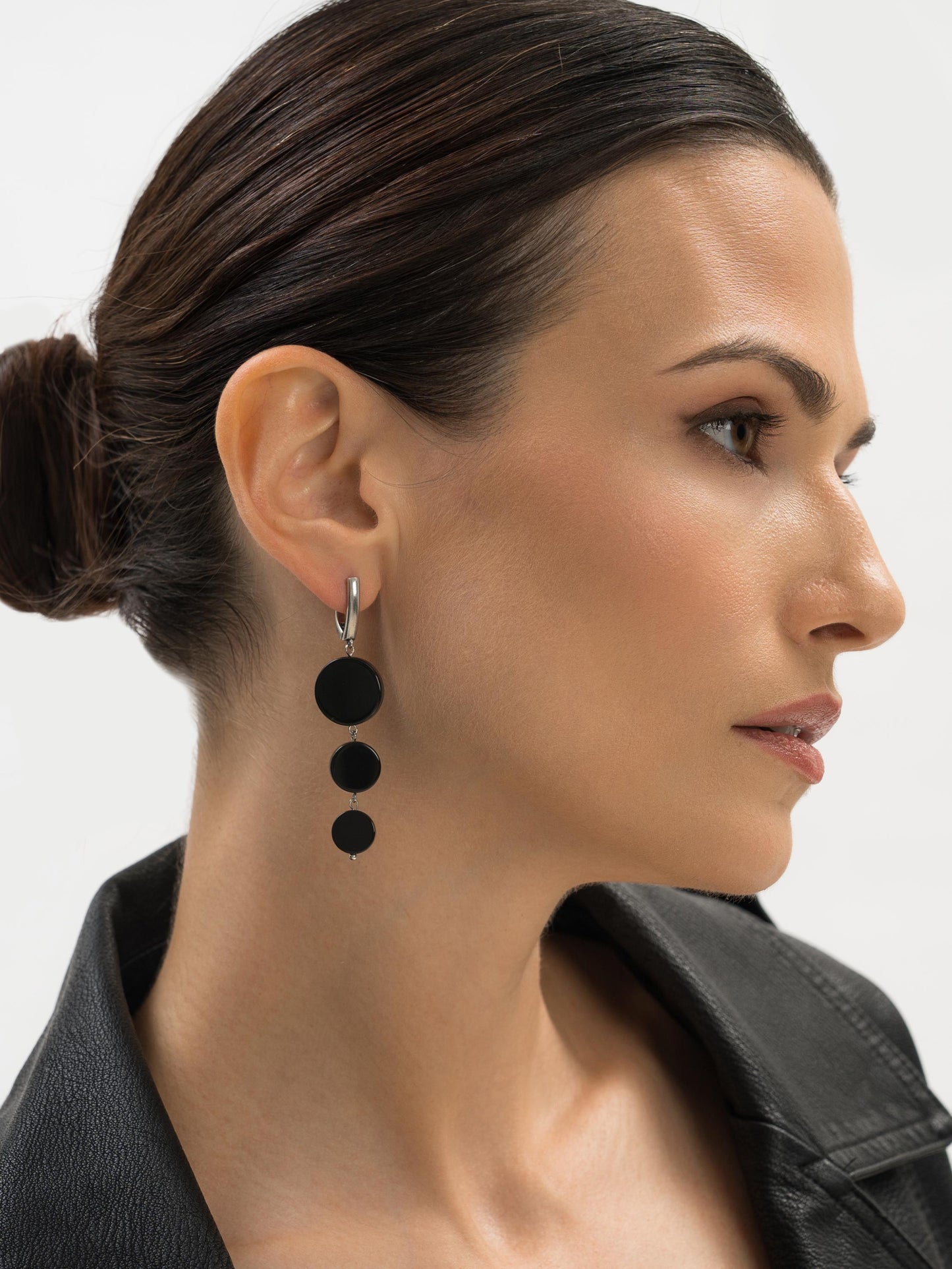 Silver Asymmetrical Earrings – Long Mismatched Black Onyx Dangle Earrings, Minimalist Geometric Statement Gift for Her, Cool Unique Jewelry
