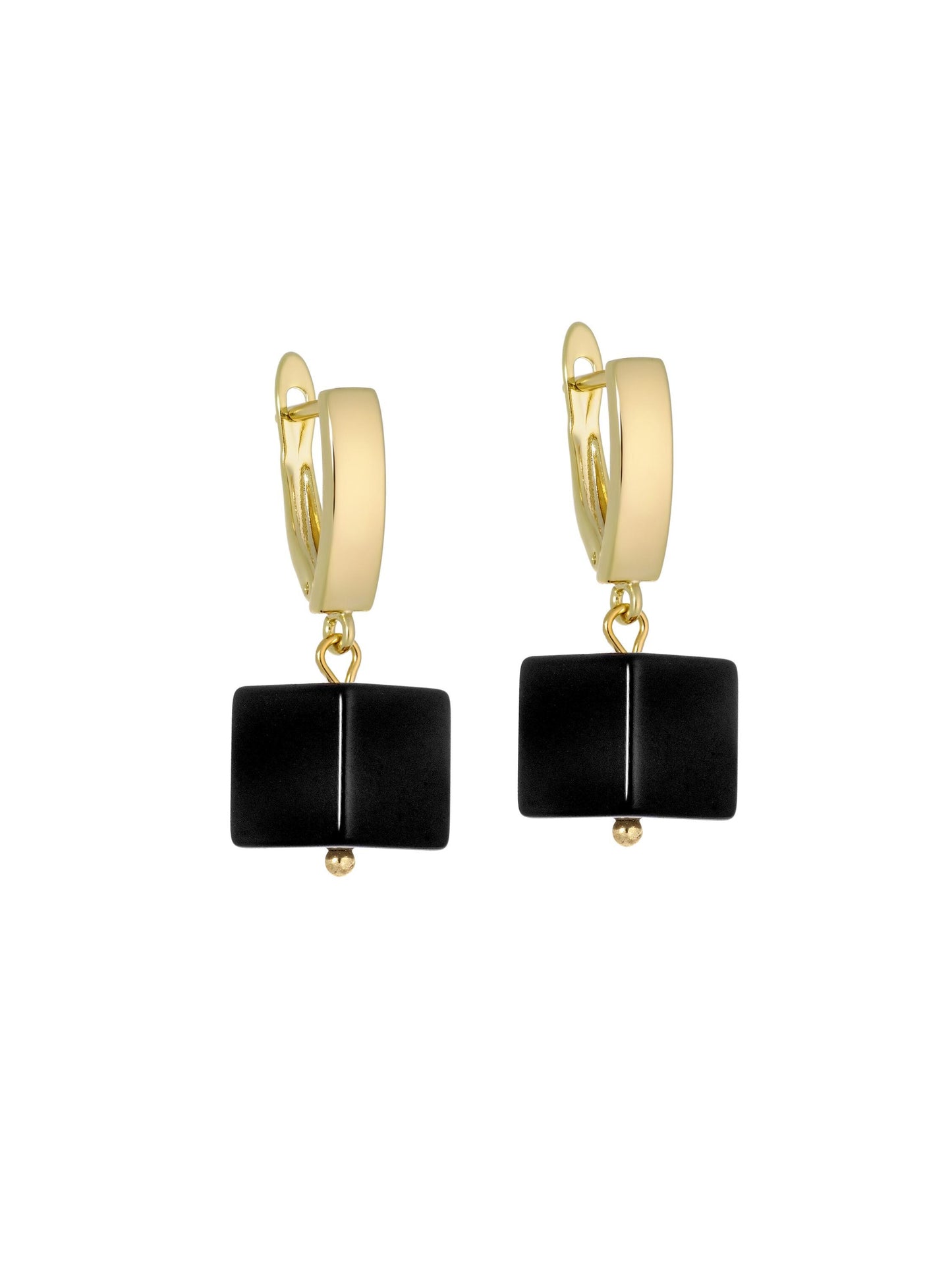 Gold Earrings Black Agate, pendant cube black onyx, Modern Earrings Minimalist, natural stone Art Malevich black square, dangle earrings