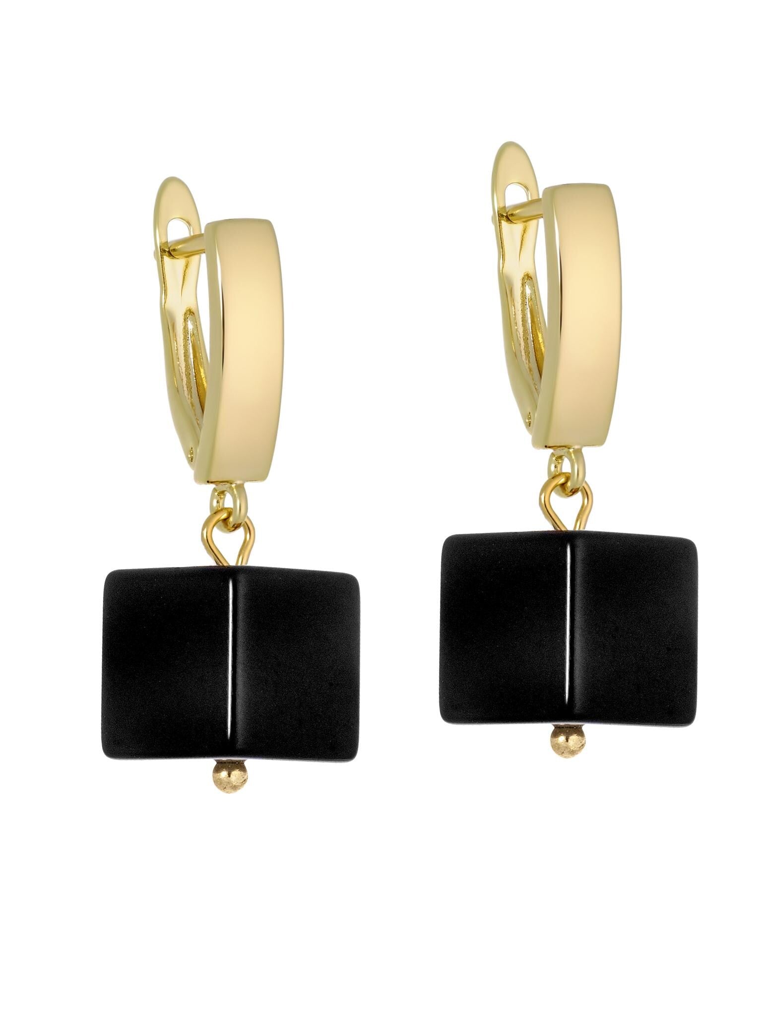 Gold Earrings Black Agate, pendant cube black onyx, Modern Earrings Minimalist, natural stone Art Malevich black square, dangle earrings
