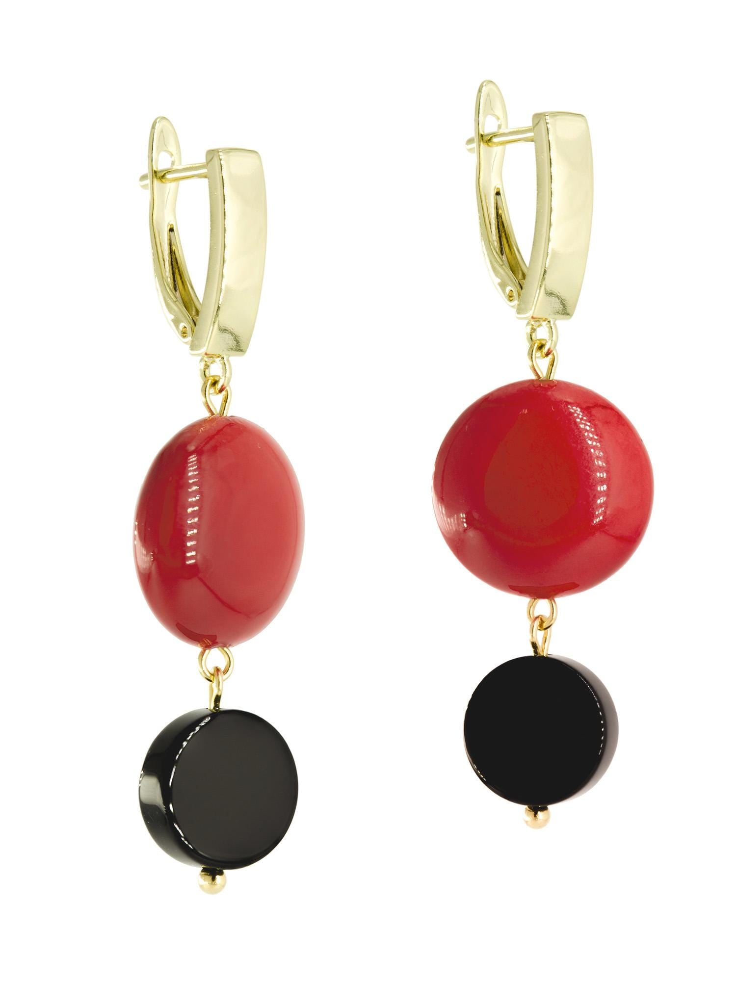 Gold Dangle Earrings with Black Agate and Red Stone, Lightweight Statement Jewelry, Art Deco Suprematism Earrings, Elegant Gift for Her