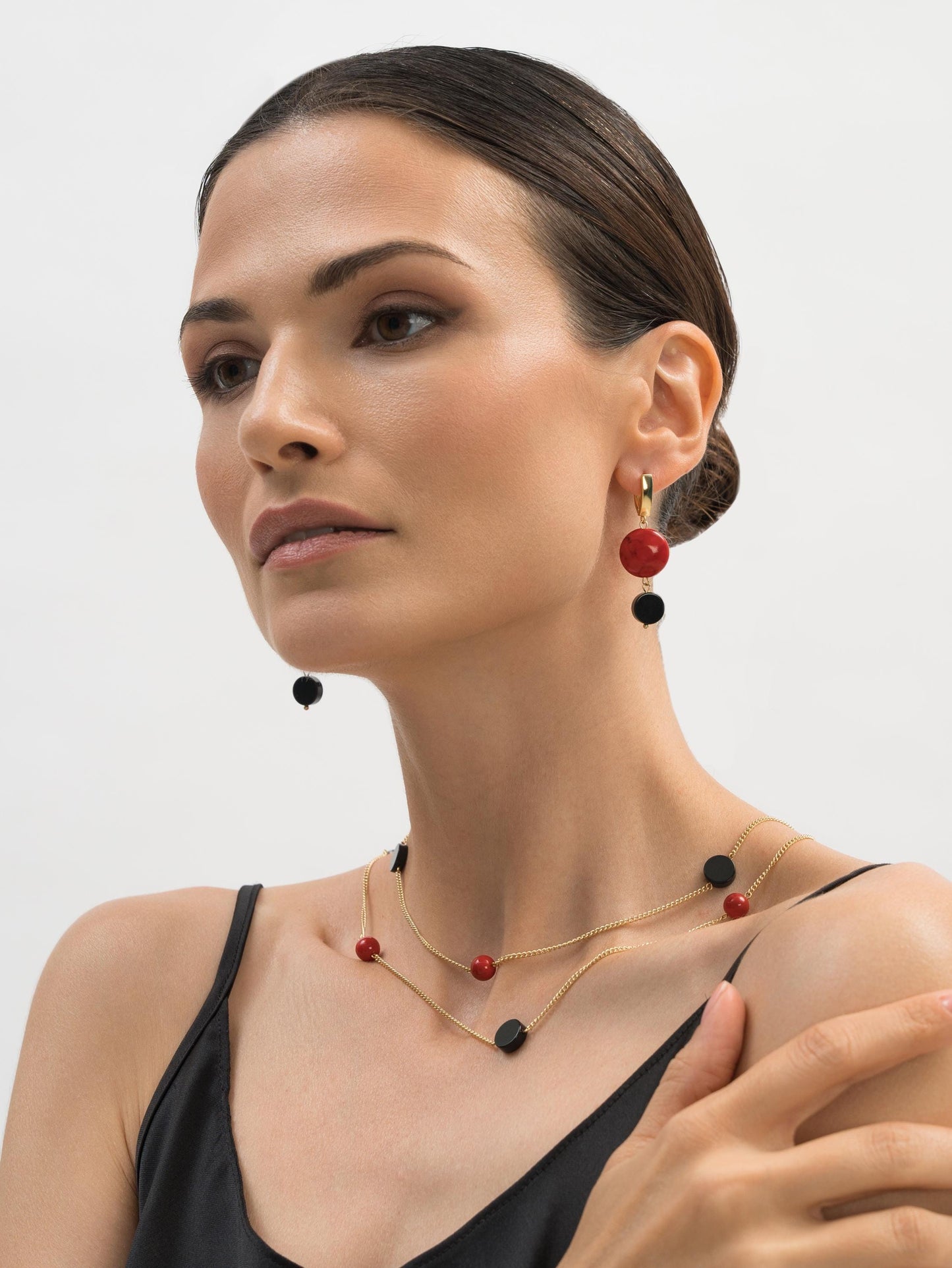 Gold Dangle Earrings with Black Agate and Red Stone, Lightweight Statement Jewelry, Art Deco Suprematism Earrings, Elegant Gift for Her