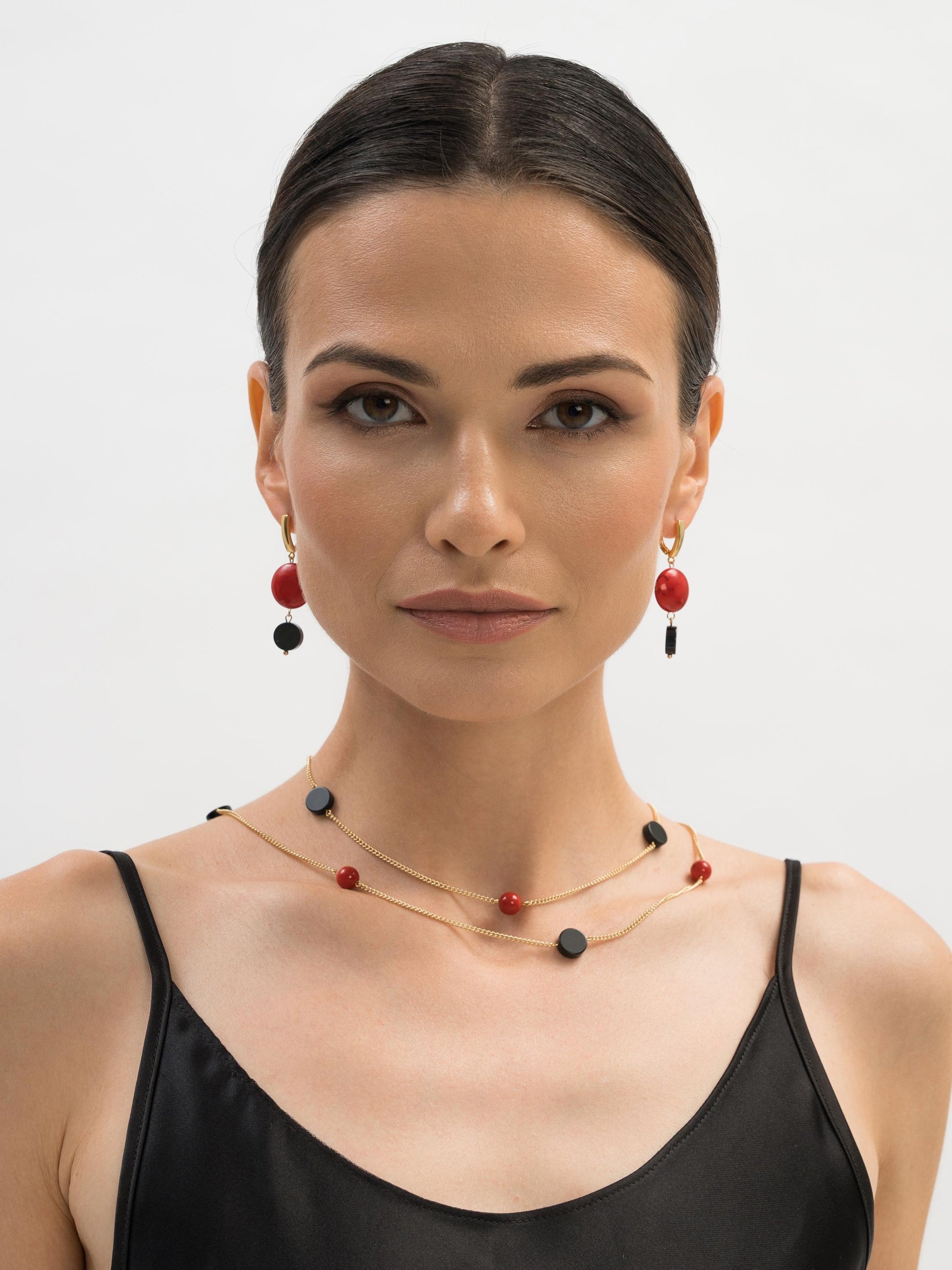 Gold Dangle Earrings with Black Agate and Red Stone, Lightweight Statement Jewelry, Art Deco Suprematism Earrings, Elegant Gift for Her